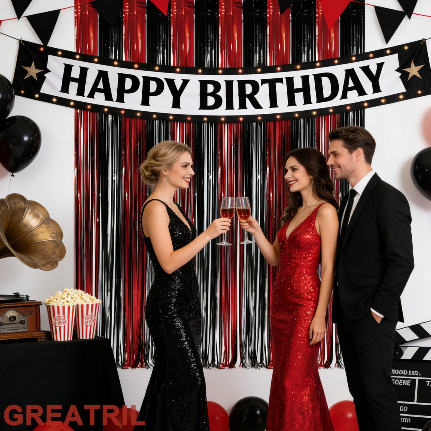 Black Red Foil Fringe Backdrop - GREATRIL Party Tinsel Curtain Streamers for Halloween Horror Stranger Casino Graduation Birthday Party - 1m X2.5m - 2 Packs