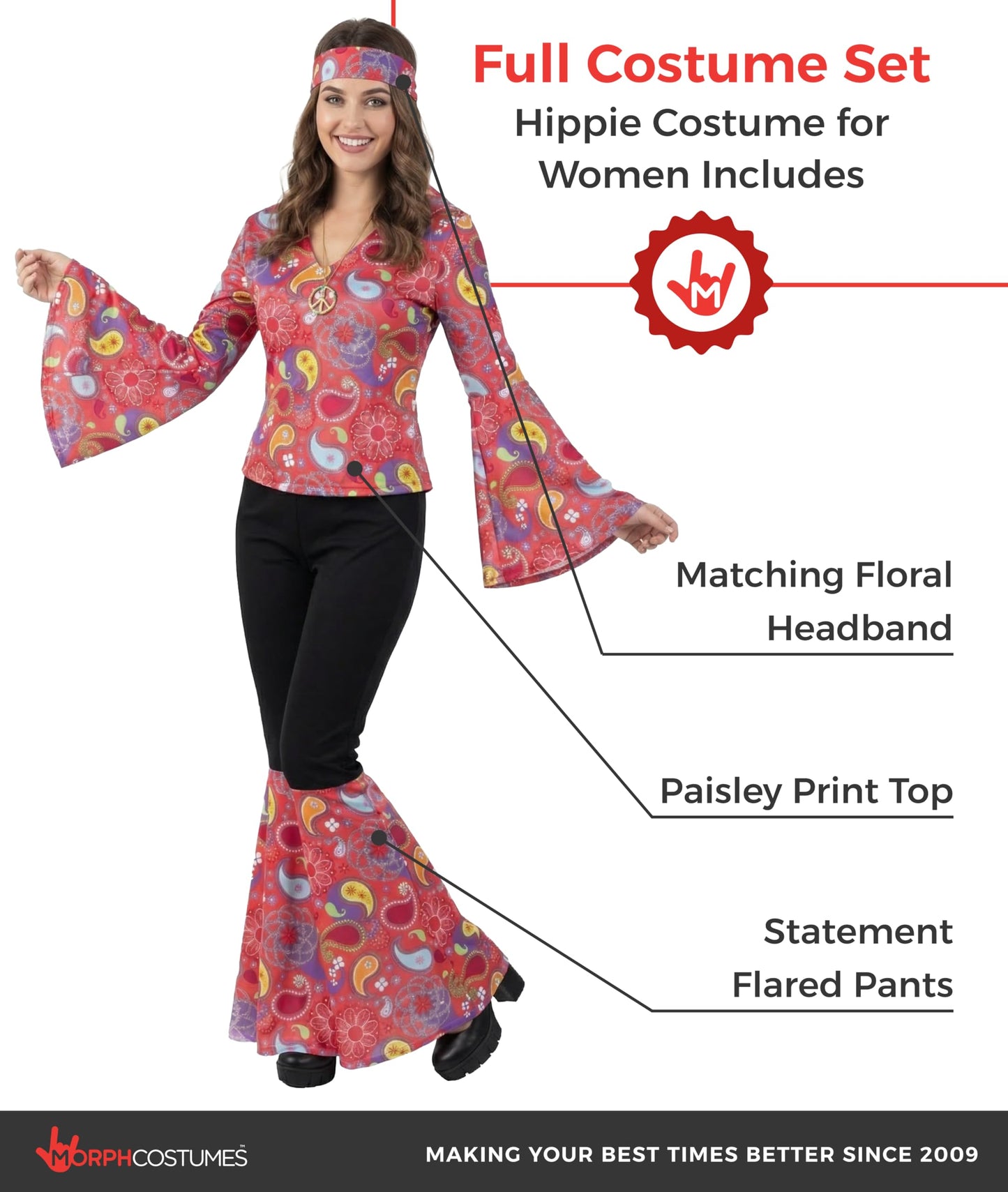Morph 70s Disco Costume For Women, Hippie Fancy Dress Outfit, 60s Themed Party Attire, Retro Dress For Adults, Medium