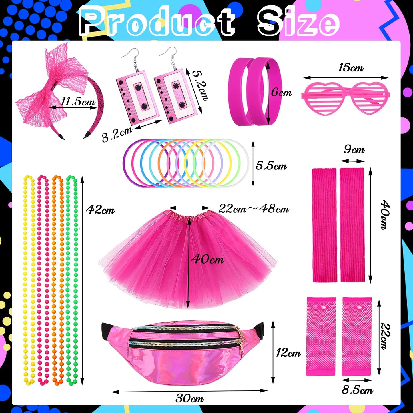 80s Fancy Dress for Women, 1980s Party Costume Accessories Set Bumbag Tutu Skirt Leg Warmer Earrings Fishnet Gloves Necklace Glasses Bracelet Headband, Retro Outfit for 80s Party/Dress up Day