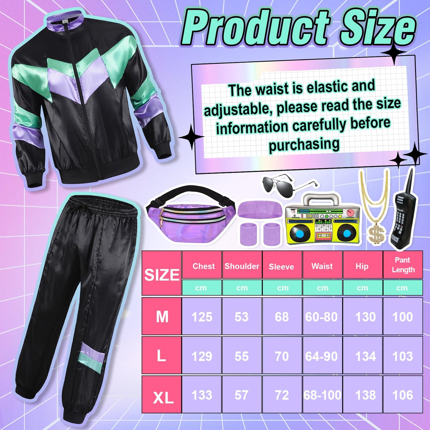 80s 90s Fancy Dress Men with Accessories, Retro 80s 90s Hip Hop Outfit for Adults, 80s Fancy Dress Set with 1 Sportswear Pant Necklace Balloon Radio Glasses Waist Bag Headband, 80s Party Carnival-L