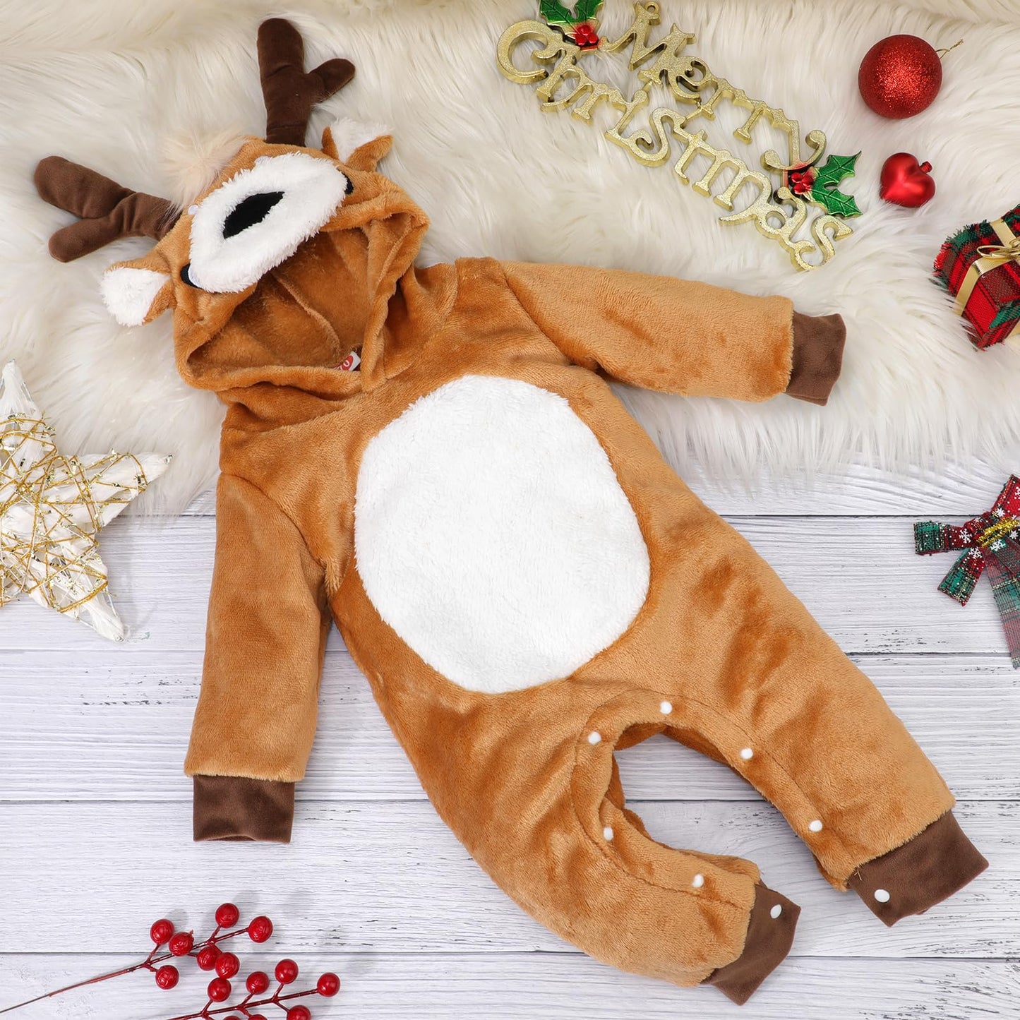 Beipegin Baby Deer Costume Boys Girls Infant Animal Romper Jumpsuit Newborn Hooded Flannel Reindeer Onesie Baby Christmas Halloween Costume