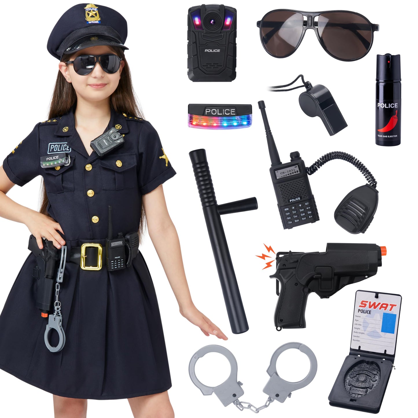 Spooktacular Creations Girls Police Officer Costume With Accessories - Kids Role Play Halloween Dress Up Party, Carnival Cosplay (Small, Black)