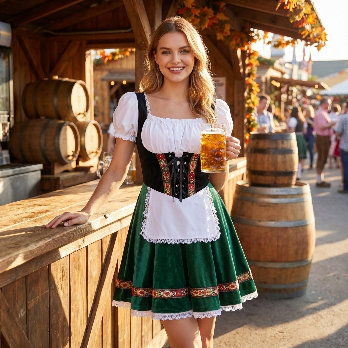 HAPNBCELE Oktoberfest Costume for Womens, German Dirndl Dress Puff-Sleeves Traditional Bavarian Carnival Halloween Outfits (Green, X-Large)