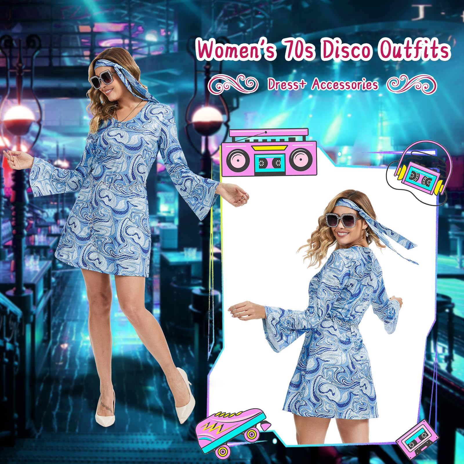 Women's 70s Disco Dress with Geometric Sequins - Scarf & 5-Piece (image 2)