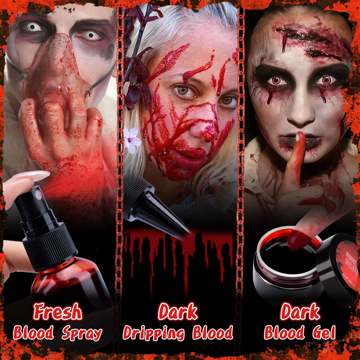 TonJin Halloween Fake Blood Makeup Kit, 3PCS Realistic Washable Costume Blood Set (1.69oz Spray + 1.69oz Dripping + 1.01oz Coagulated ) for Zombie Vampire SFX, Dark Coagulated & Fresh Blood Effects