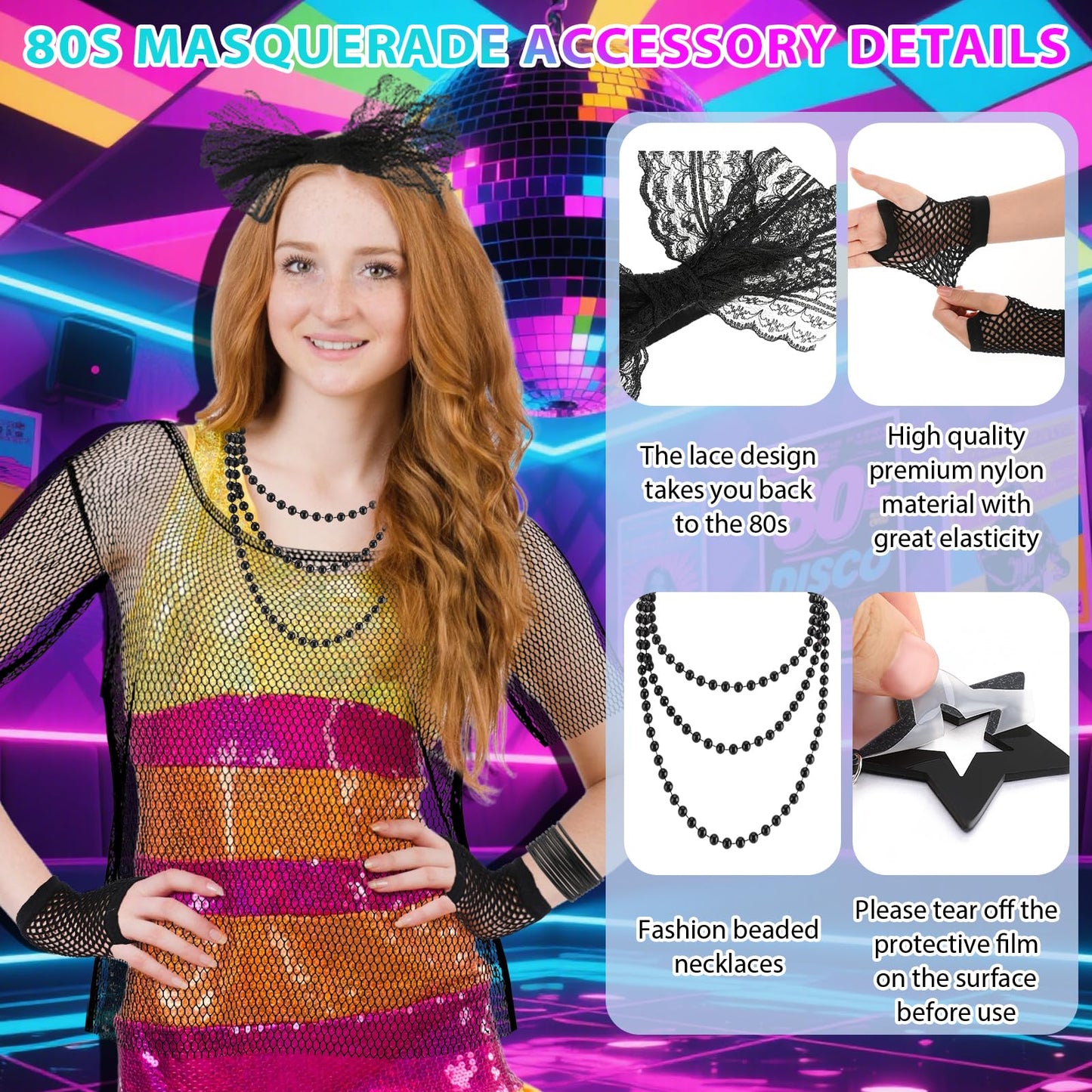 GSrenyu 17 Pcs Black 80s Accessories for Women Girls, 80s Outfits Costume with Fishnet Top, Fishnet Gloves, Lace Headband, Earrings, Necklace & Bracelet for Retro Party, Dress up Day
