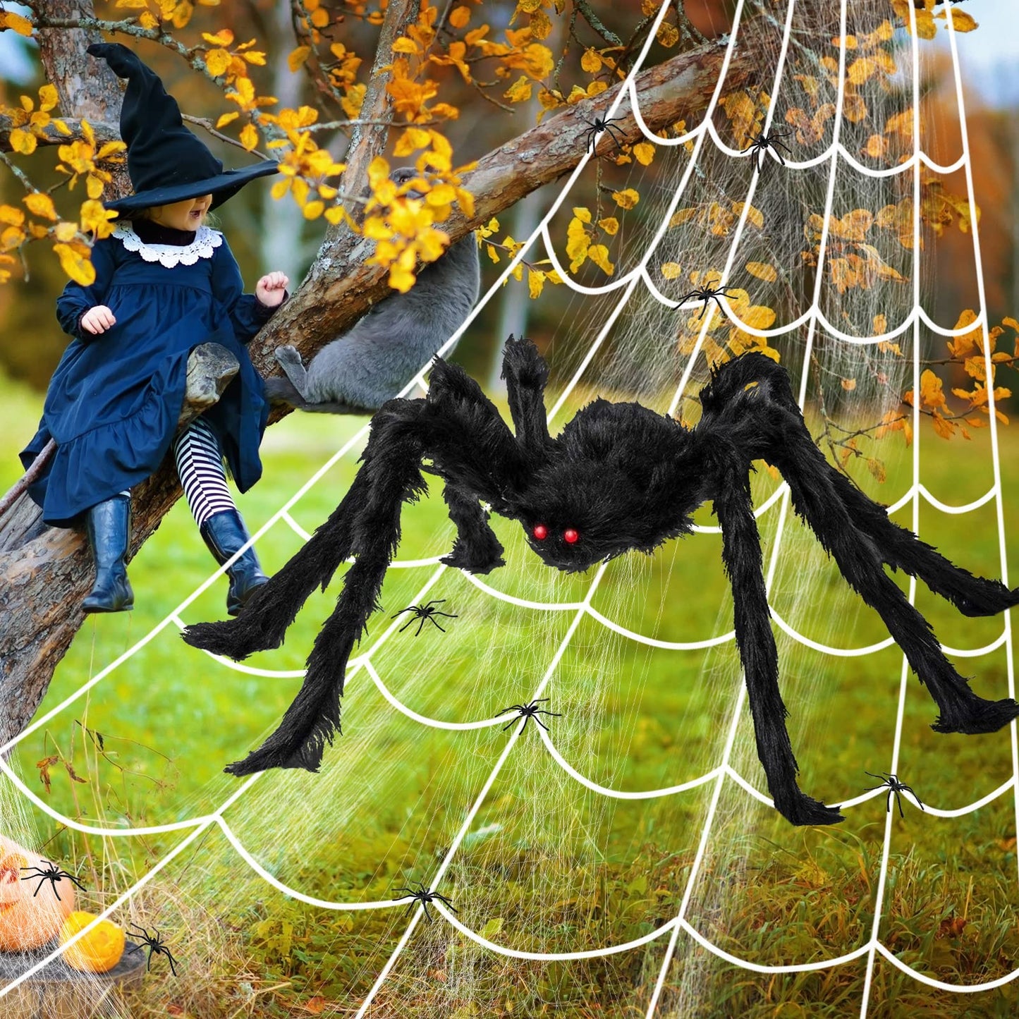 Newthinking Outdoor Halloween Decorations, Giant Plush Spider and Large Web for Halloween Outdoor House Decoration