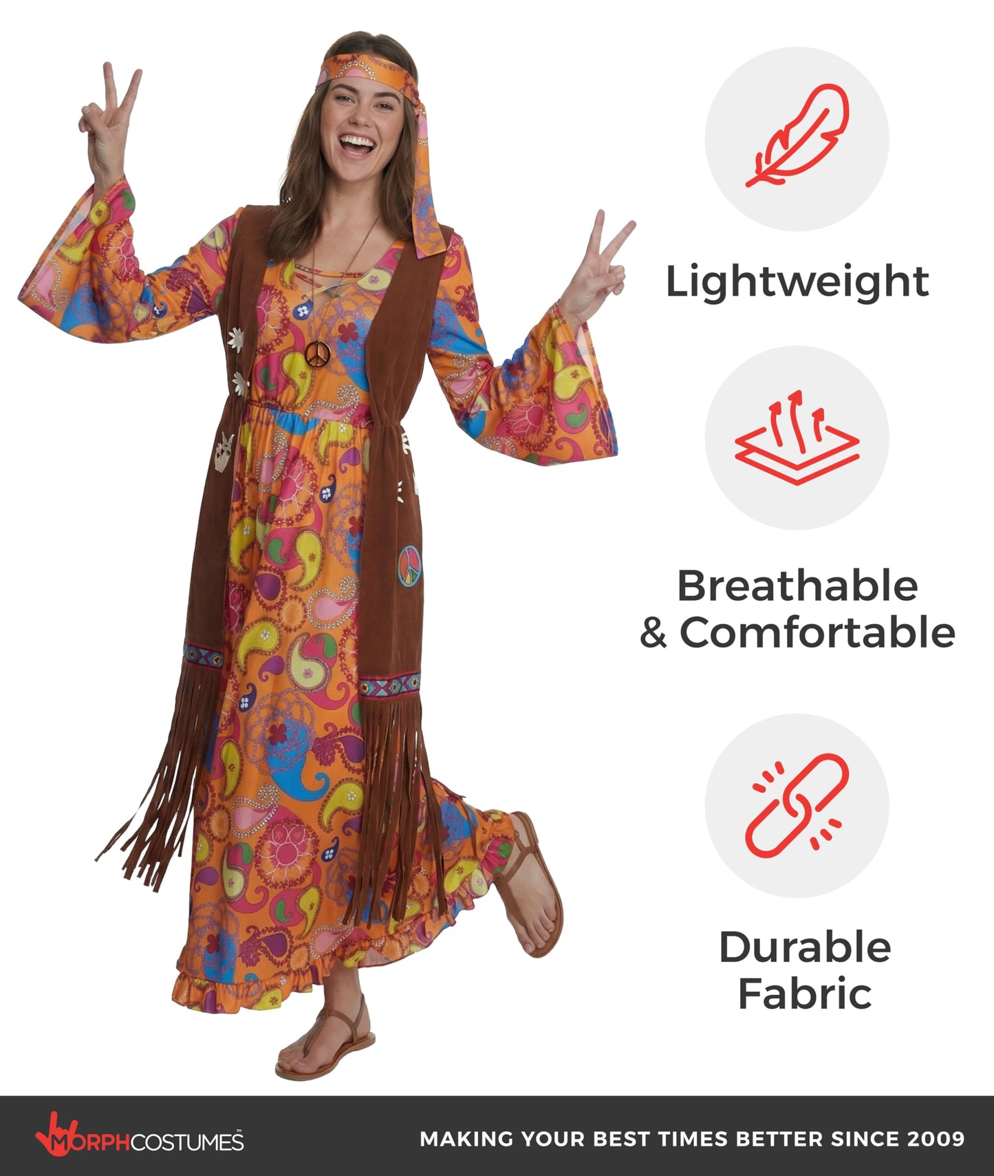Morph Long Hippie Costume Women, 70s Fancy Dress Women, Hippy Fancy Dress for Womens, World Book Day Costumes Adults, Large
