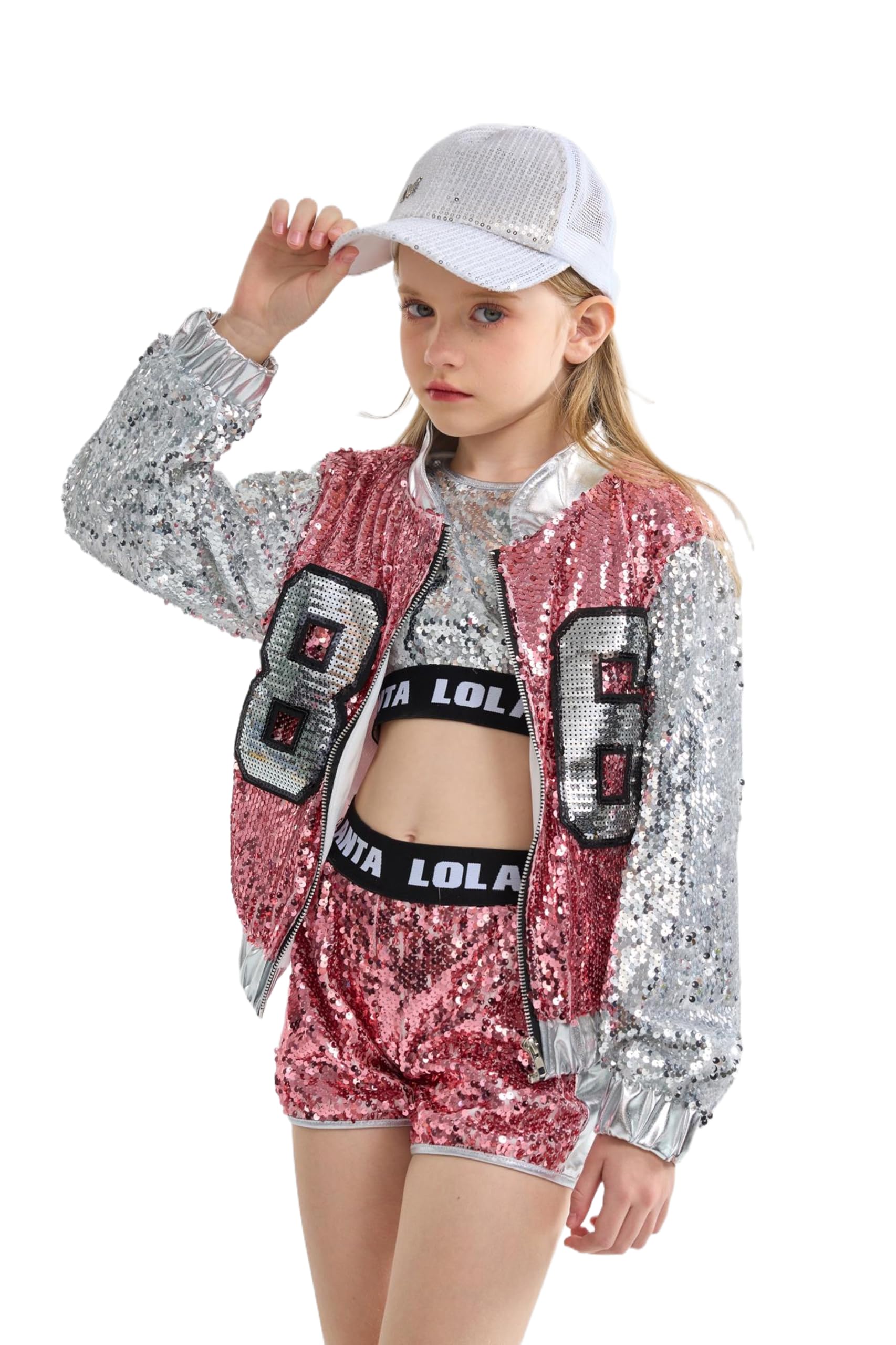 4-Piece Girls Hip Hop Sequins Costume - Sparkly Graphic Jacket