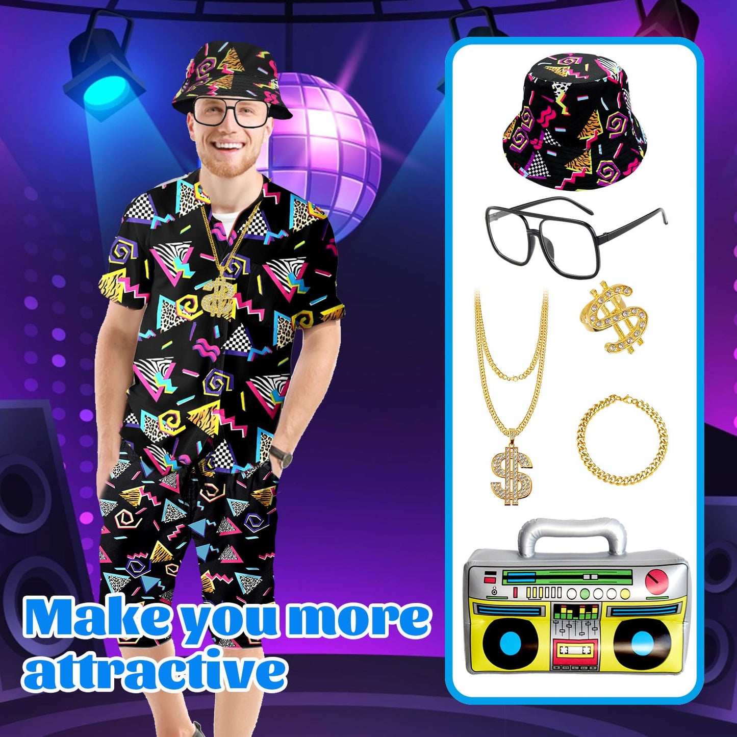 80s Hip Hop Outfit for Adults, Retro Sportswear Shirt & Short Set Includes Hat, Glasses, Necklace, Dollar Ring, Bracelet, Inflatable Radio, Beach Tracksuit for 80s Themed Party, Halloween, Carnival