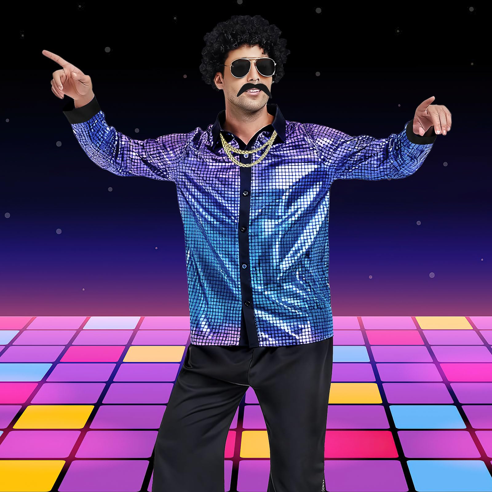 70s Disco Outfit for Men 60s Costume with Retro Shirt Bell Bottom (image 6)
