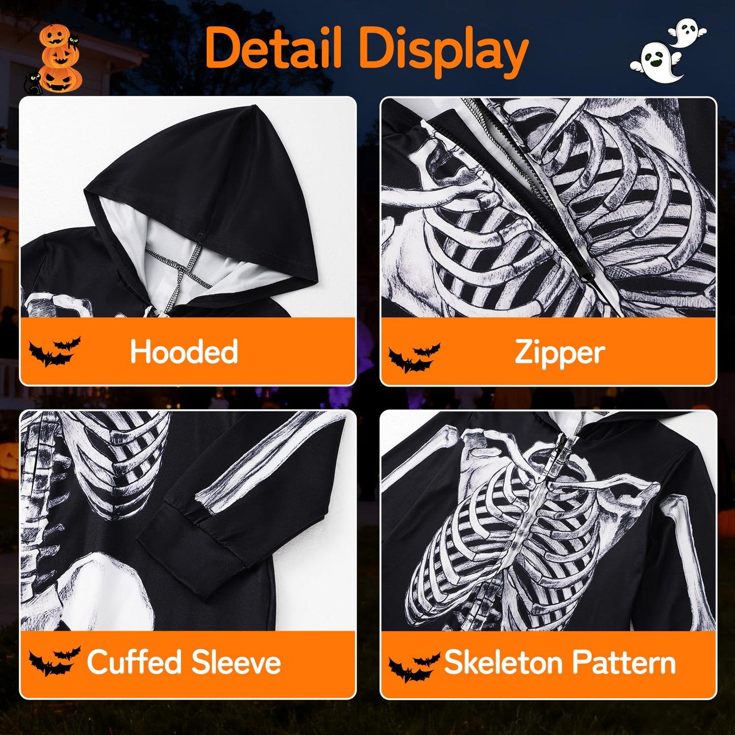 URMAGIC Family Matching Pyjamas Halloween Skeleton Costume Long Sleeve Hooded One Piece Jumpsuit Sleepwear Nightwear Pajamas Pjs for Men Women Children Boys Girls