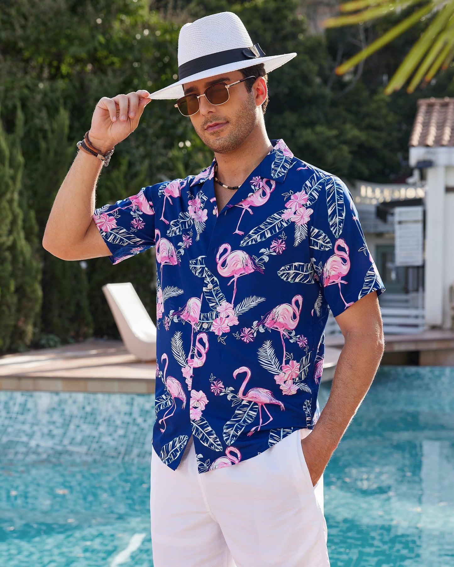 Hawaiian Shirt Short Sleeve Shirts Men Summer Blue Flamingo Beach