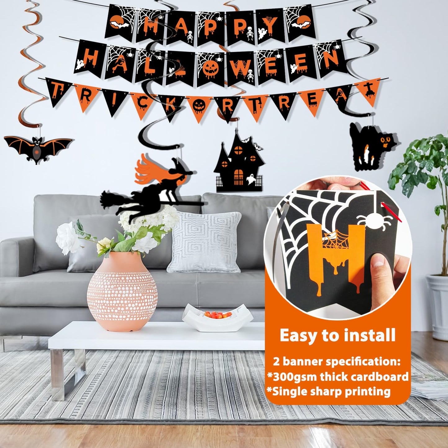 AMLOOPH Halloween Decorations Reusable Indoor Set - Happy Halloween Banner, Hanging Pumpkin, Bat, Ghosts Bunting Garland, Trick or Treat Sign and Spooky Hanging for Party Decorations
