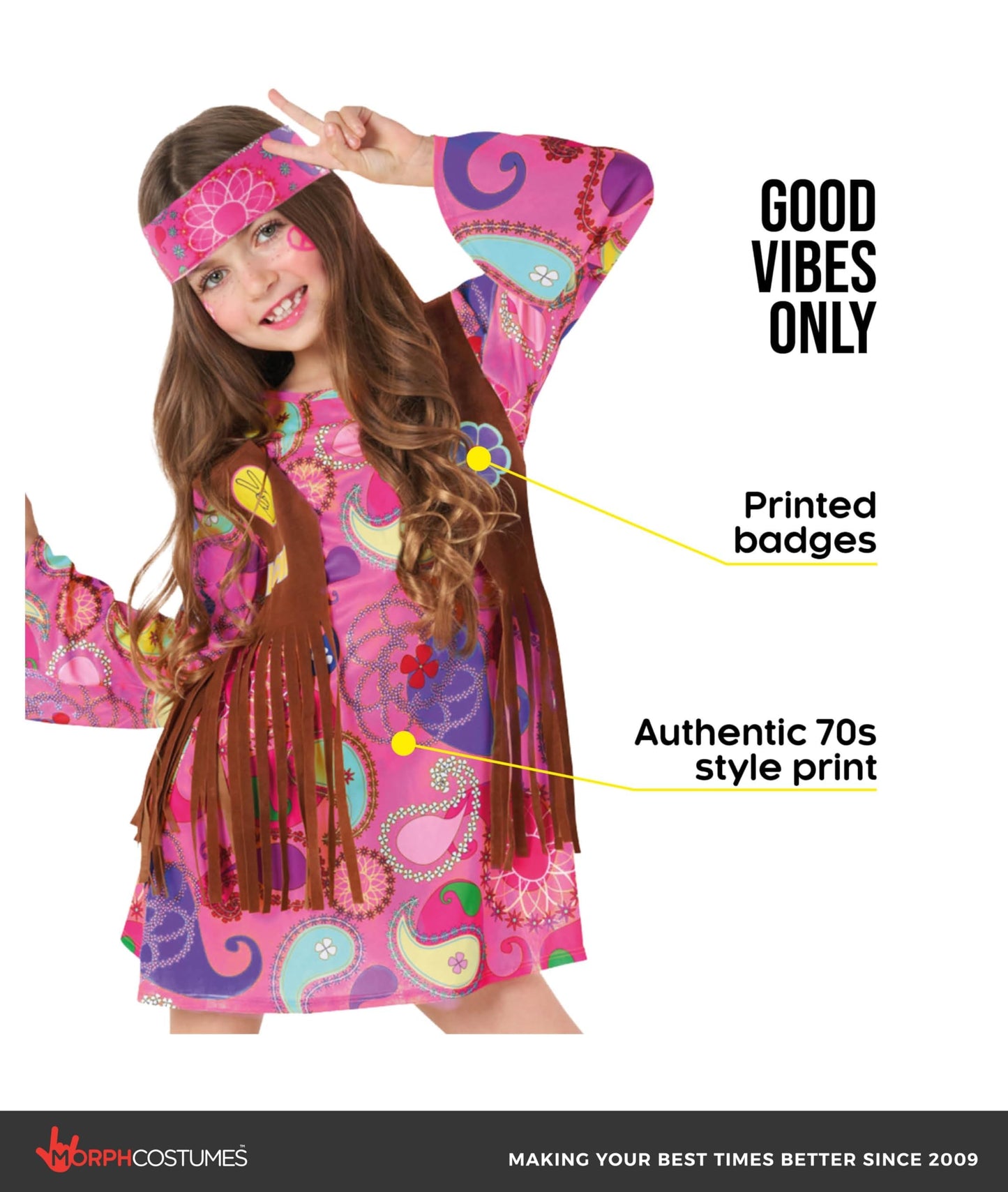 Morph Kids Hippie Vest Costume Dress - 70s Disco Outfit for Girls Halloween Costume, Retro Hippie Dress for Kids, Large
