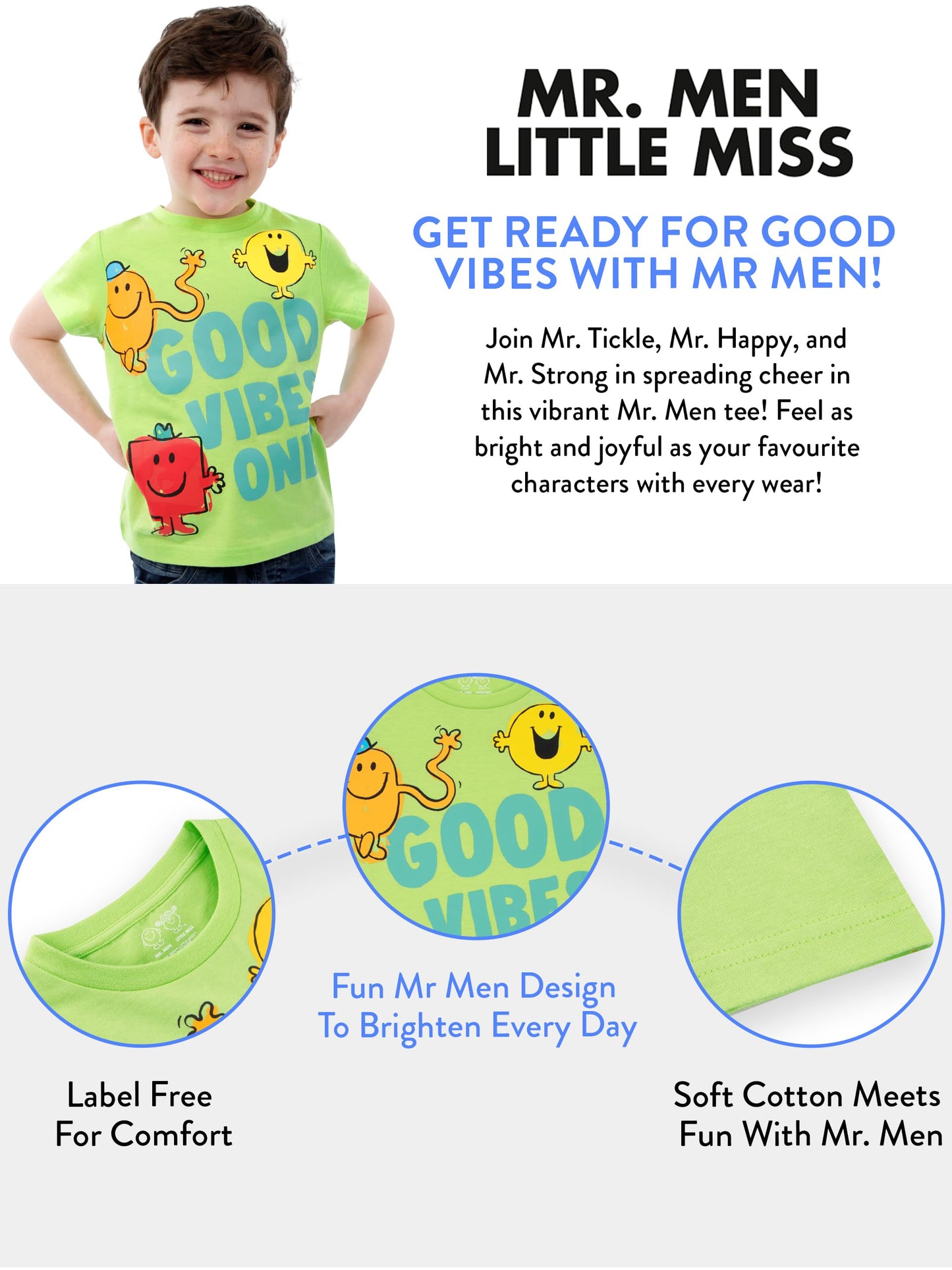 Mr. Men Little Miss Boys Tshirt | Mr Men Kids Tshirt | Cotton Short Sleeve T Shirt for Boys | Green 5-6 Years