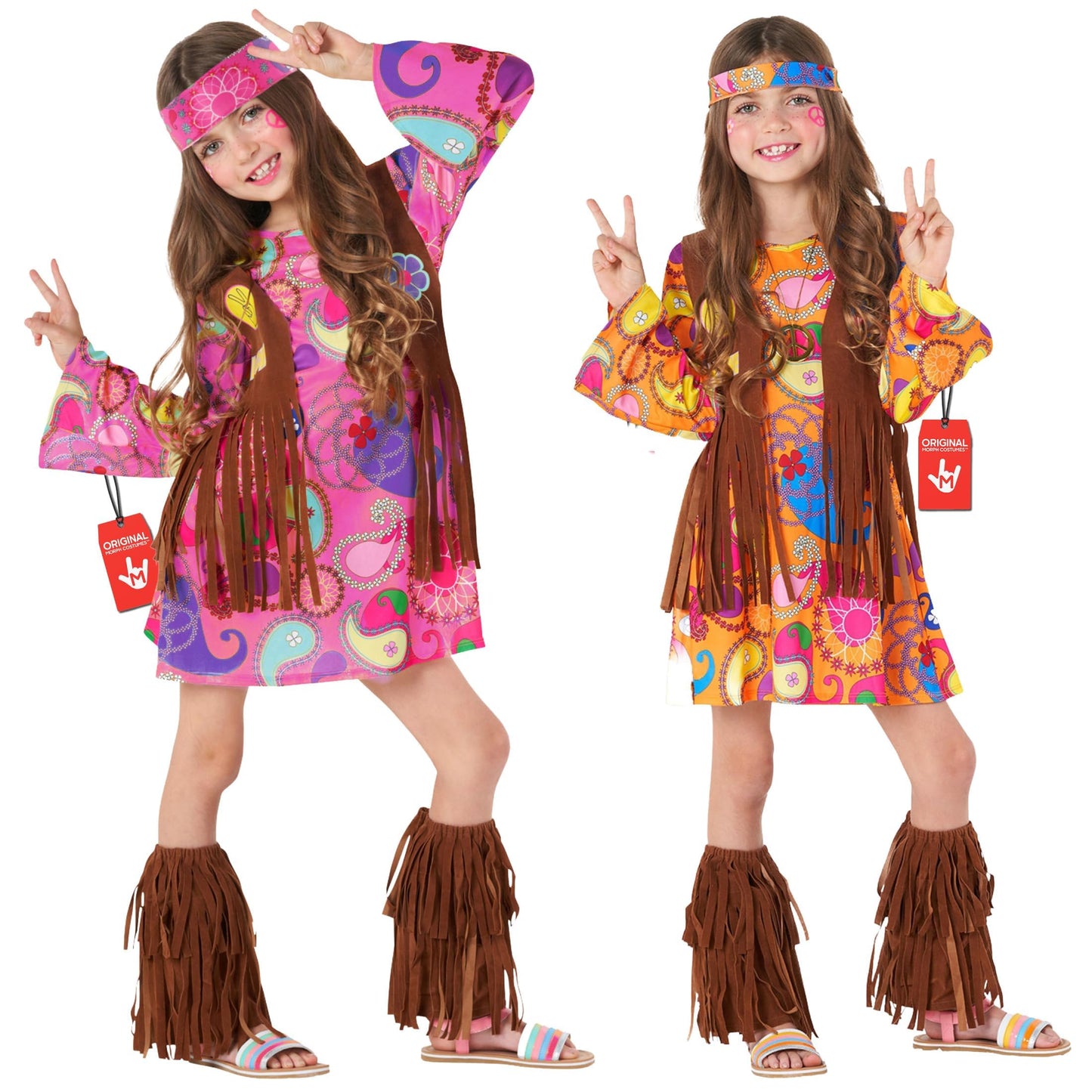 Morph Kids Hippie Vest Costume Dress - 70s Disco Outfit for Girls Halloween Costume, Retro Hippie Dress for Kids, Large