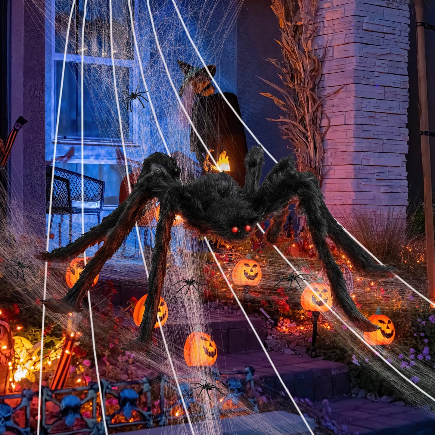 Newthinking Outdoor Halloween Decorations, Giant Plush Spider and Large Web for Halloween Outdoor House Decoration