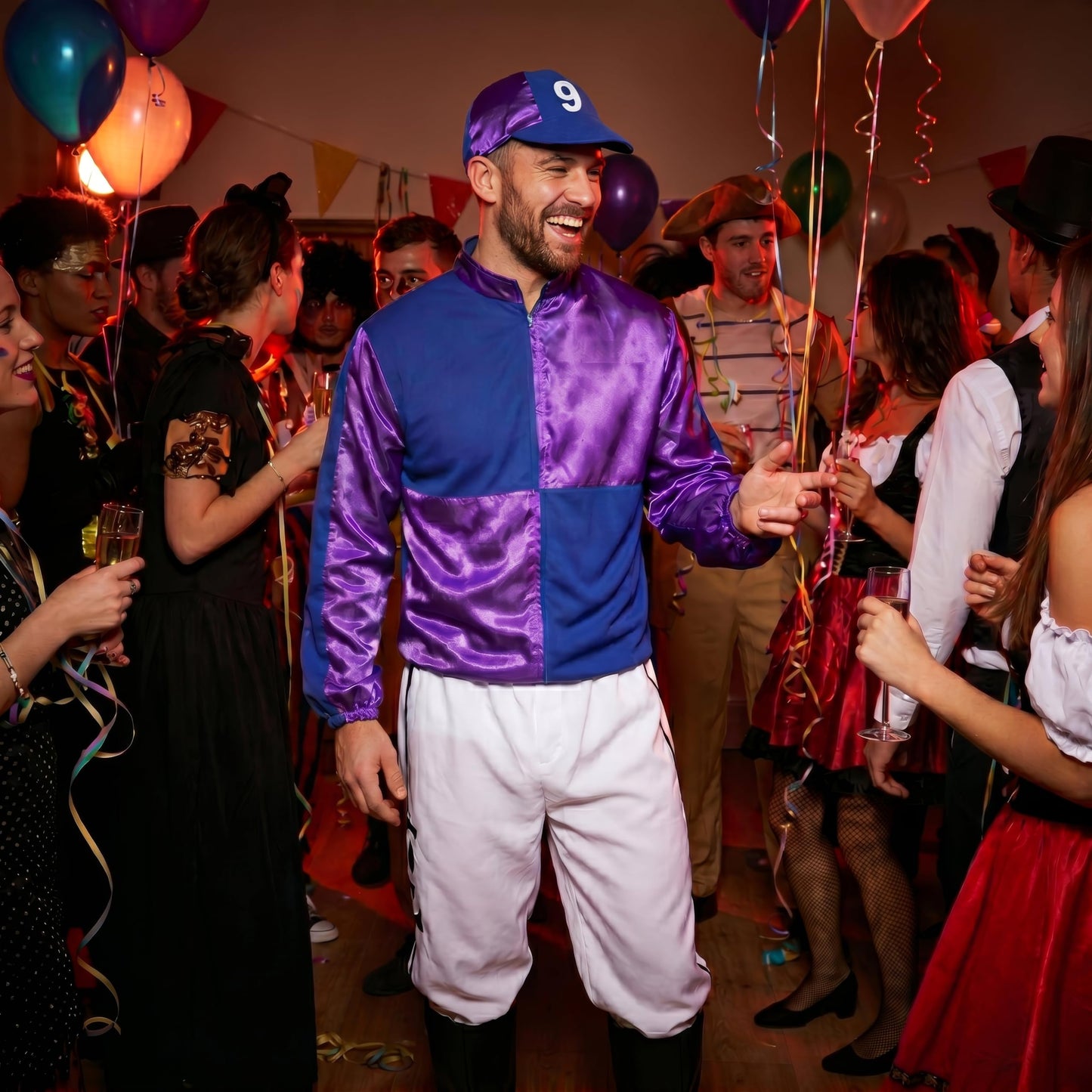 HENBRANDT Adult Men’s Blue and Purple Horse Jockey Outfit with Peaked Hat and Boot Covers Sports Fancy Dress Costume Racing Jockey Dress Up Outfit One Size Mens Fancy Dress Costume
