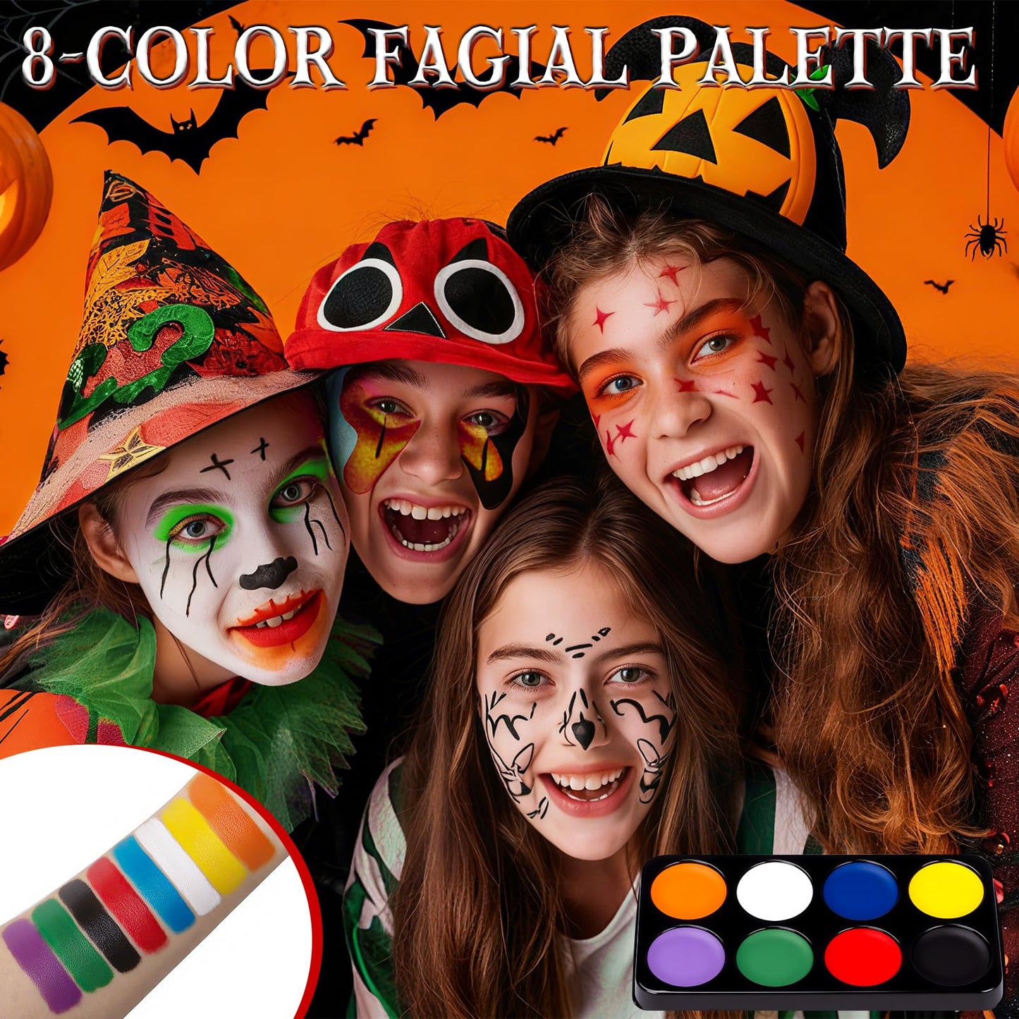 Face Paint Halloween Makeup Kit - White Black Red Face Paints Professional Adults with Fake Blood, Scars, tattoos, 8 Color Body Painting Set For Zombie Vampire Skeleton Joker Clown Witch Cosplay