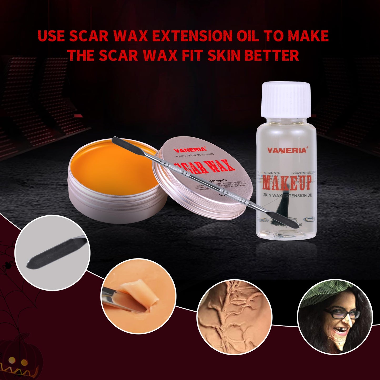 VANERIA Halloween Vampire Make Up Kit SFX Makeup Kit 4 Pairs Vampire Teeth, Scar Wax and Spatula, Fake Blood Capsules,Sponges,Liquid Latex Special Effect Makeup Kit Professional ﻿