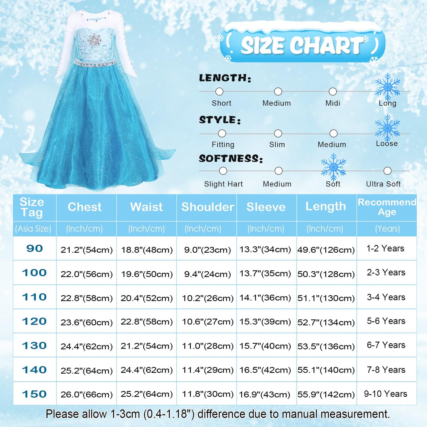 AmzBarley Snow Queen Dress for Girls Kids Princess Costumes Long Sleeve Tulle Fancy Party Dresses with Cape Child Birthday Halloween Cosplay Outfit, 3-4 Years, Blue With Accessories