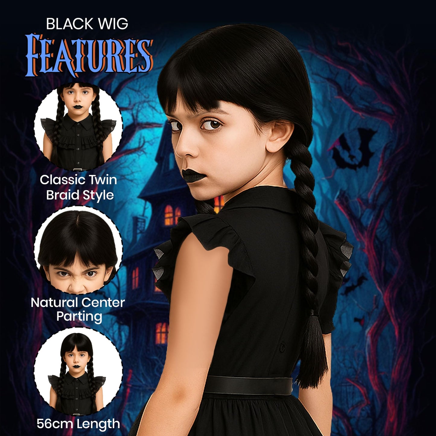 8pc Gothic School Girl Halloween Costume Kids with Gothic Dress and Belt, Kids Black Plaited Wig, Black Gloves, Knee High Socks and Fancy Dress Jewellery - Halloween Costumes for Girls (10-12 Years)