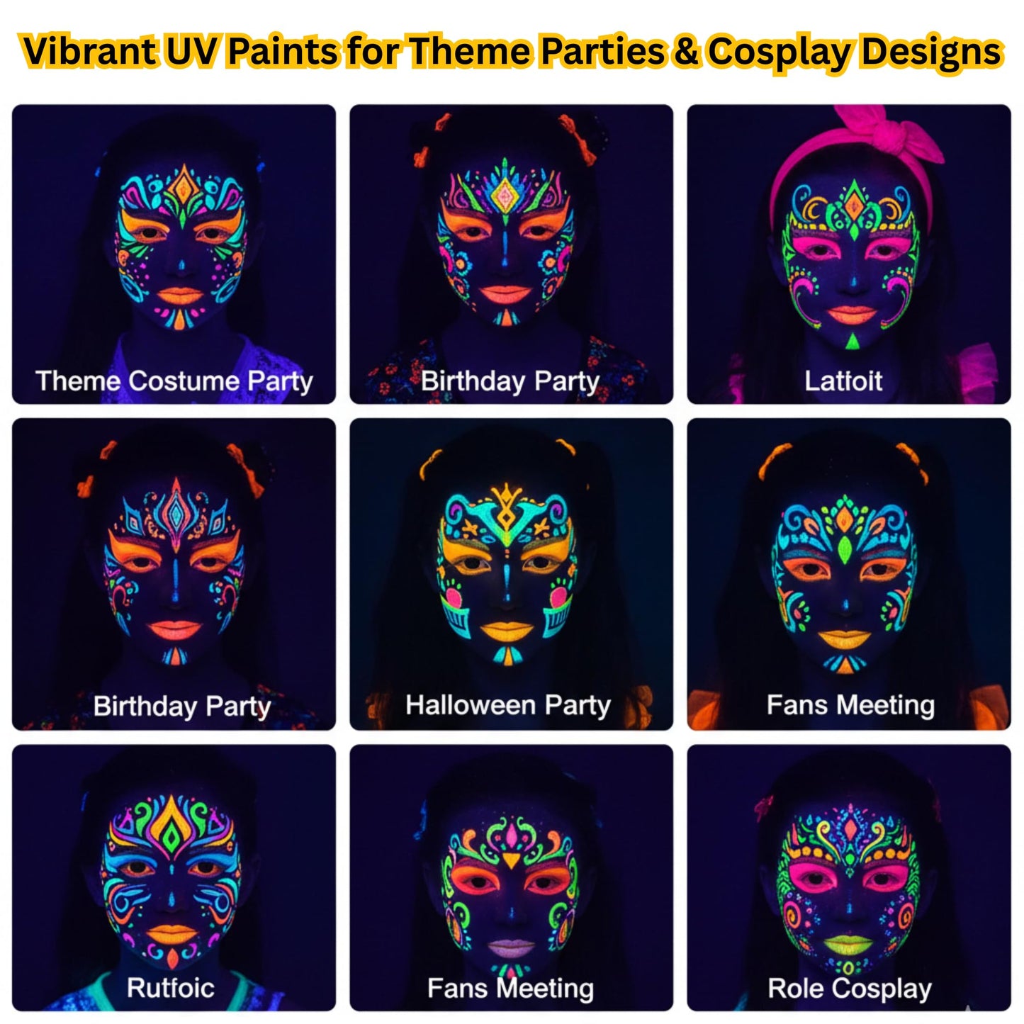 15 Colors Neon Face Paint Kit for Kids & Adults – UV Glow Body & Face Painting Set with Brushes & Stencils | Non-Toxic, Quick Dry, Easy to Wash, Long-Lasting Party Makeup