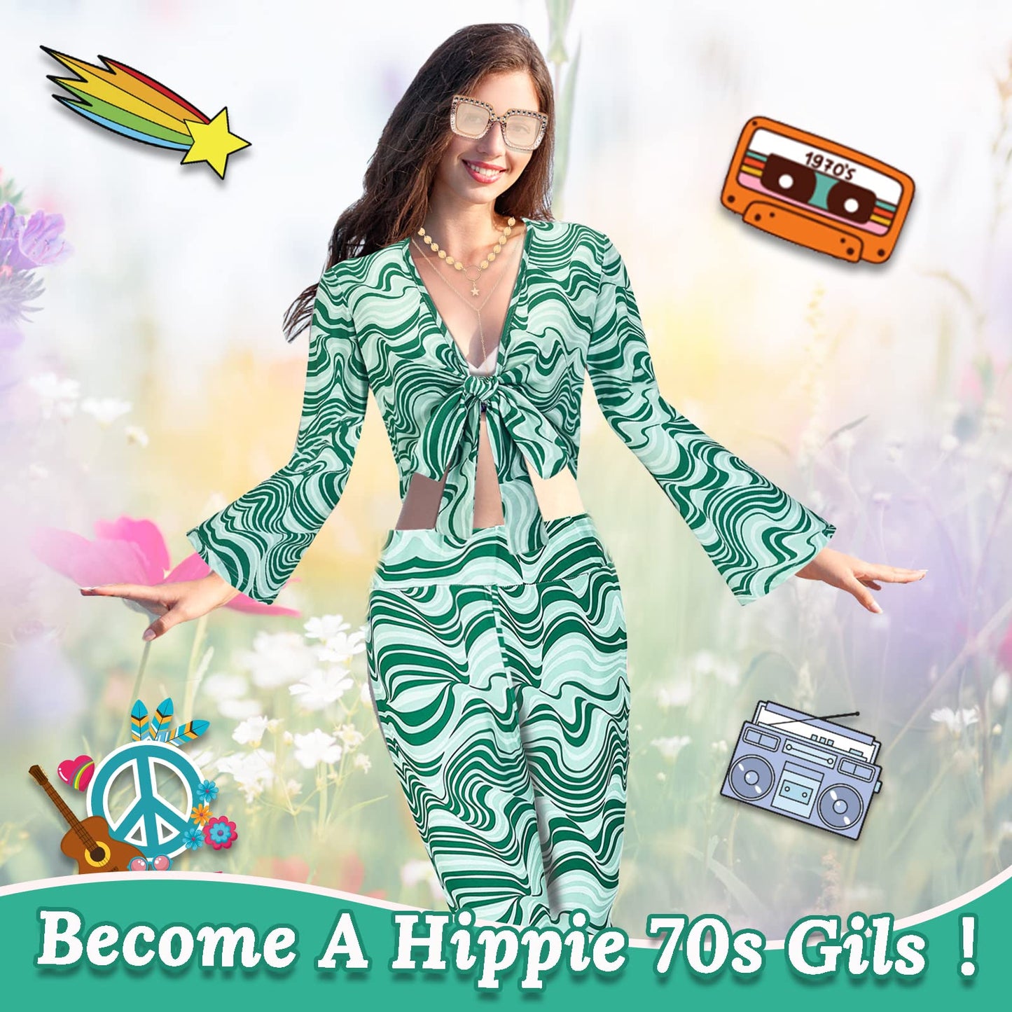 60/70s Disco Fancy Dress for Women, 1970s Hippie Costume Outfit with Flared Top Trousers Headband Necklace Earrings Bracelet Waist Chain Glasses Hippy Style Clothes for Ladies Dress Up Retro Party