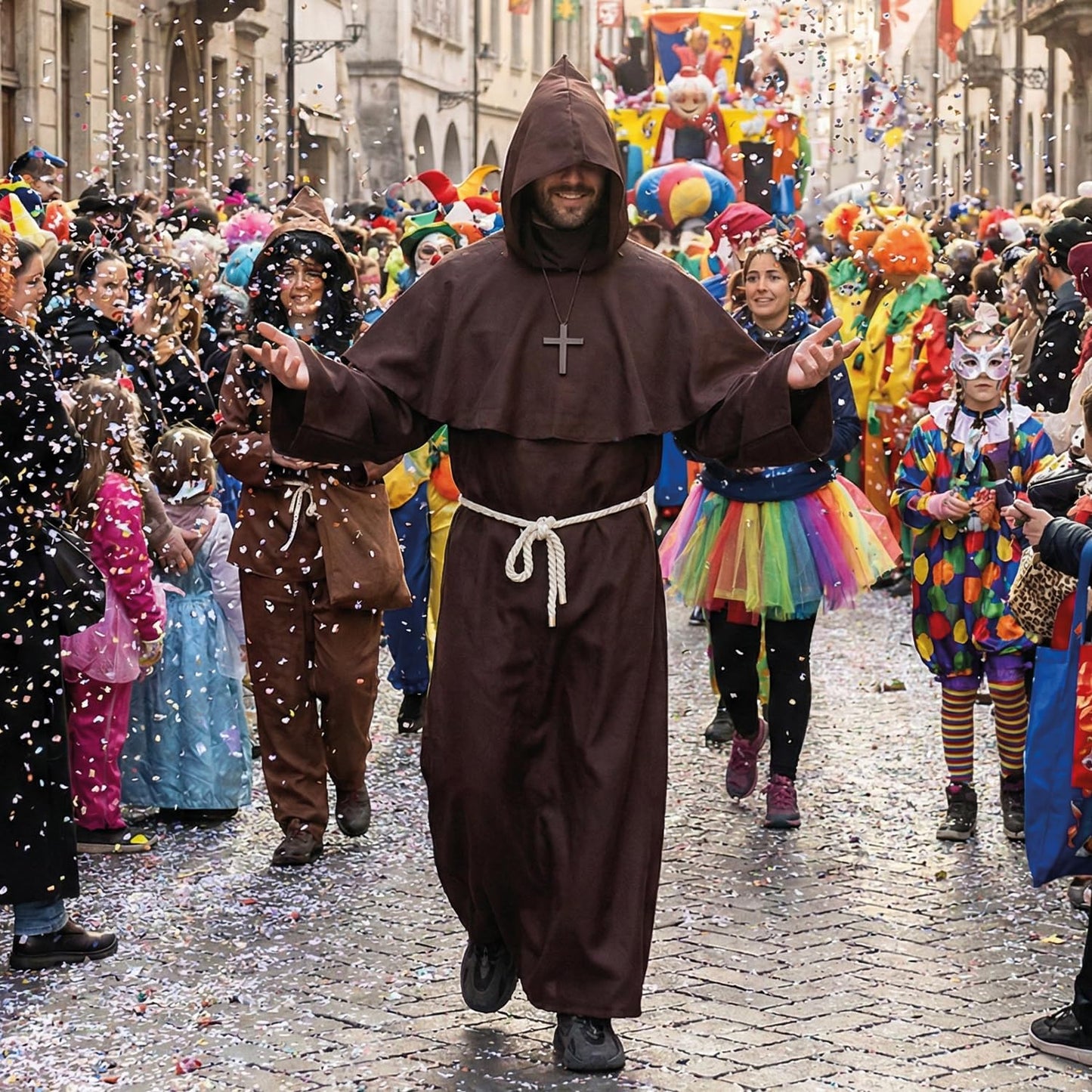 AirSuit® Medieval Monk Adult Costume – Long Robe with Hood + Wooden Cross | Size M 170 to 175 cm | Religious Men's Outfit | Carnival, Halloween | OriginalCorner®