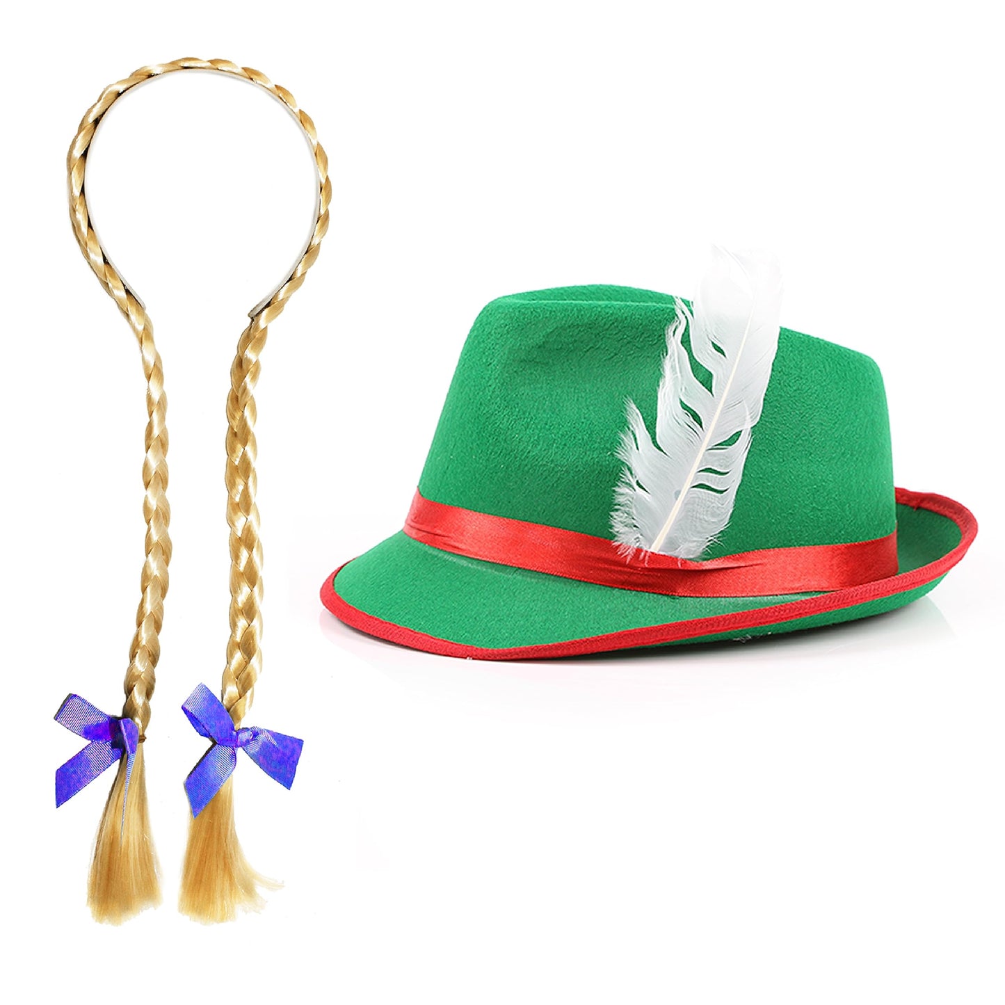 Ladies Bavarian Accessory Set - Pack of 1 - Green Bavarian Hat and Blonde Plait Wig with Blue Ribbons - Adults Bavarian Oktoberfest Fancy Dress Costume Accessory Set