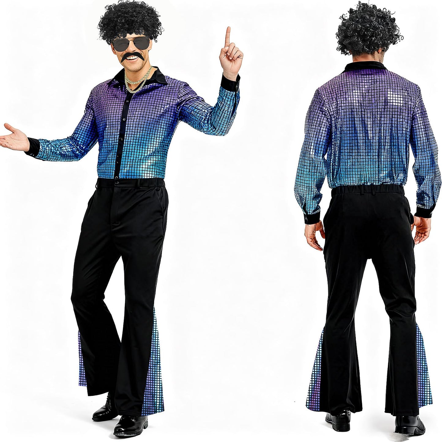 70s Disco Outfit for Men 60s Costume with Retro Shirt Bell Bottom (image 2)