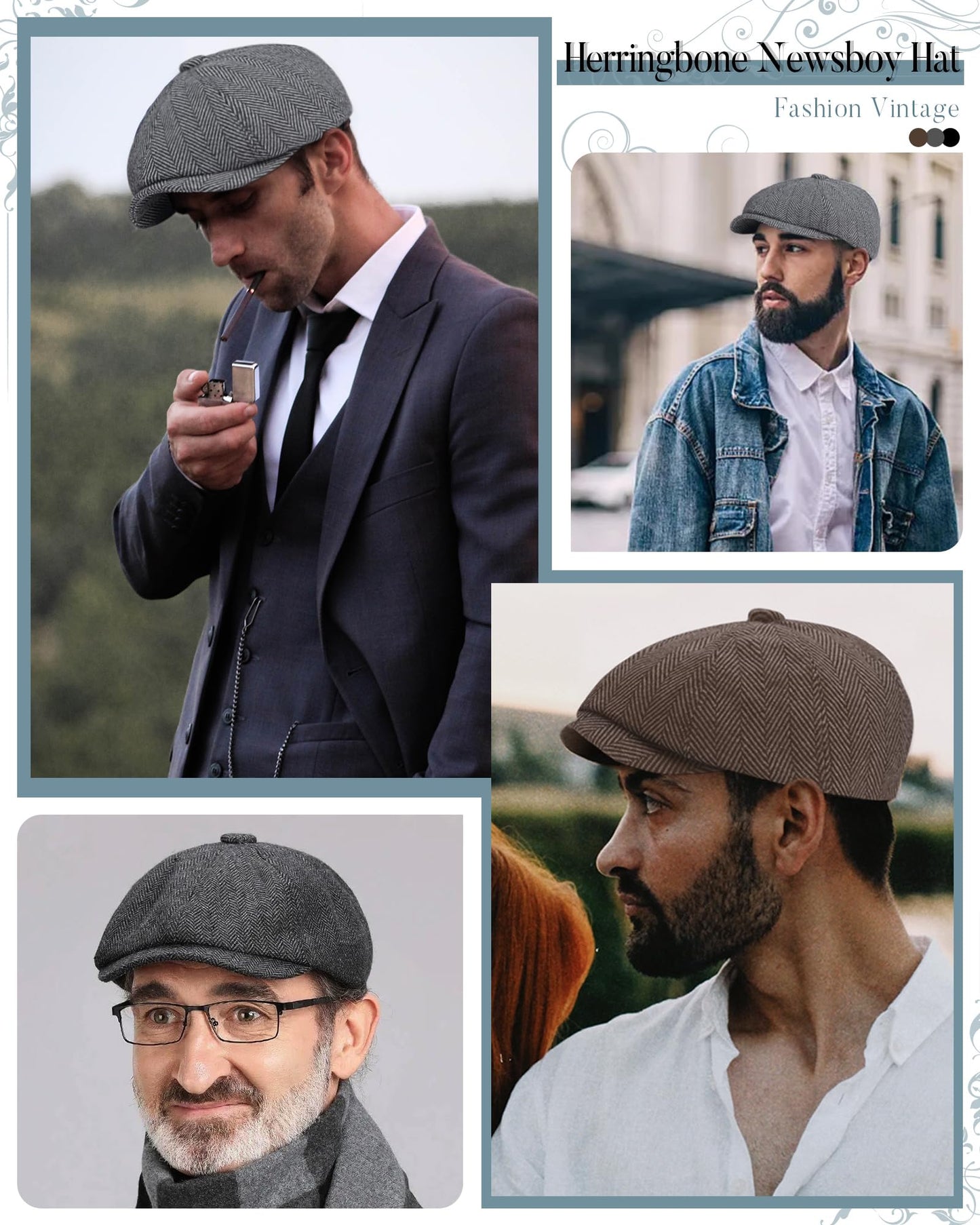 Mens Herringbone 8 Panel Caps - Classic Newsboy Tweed Flat Cap