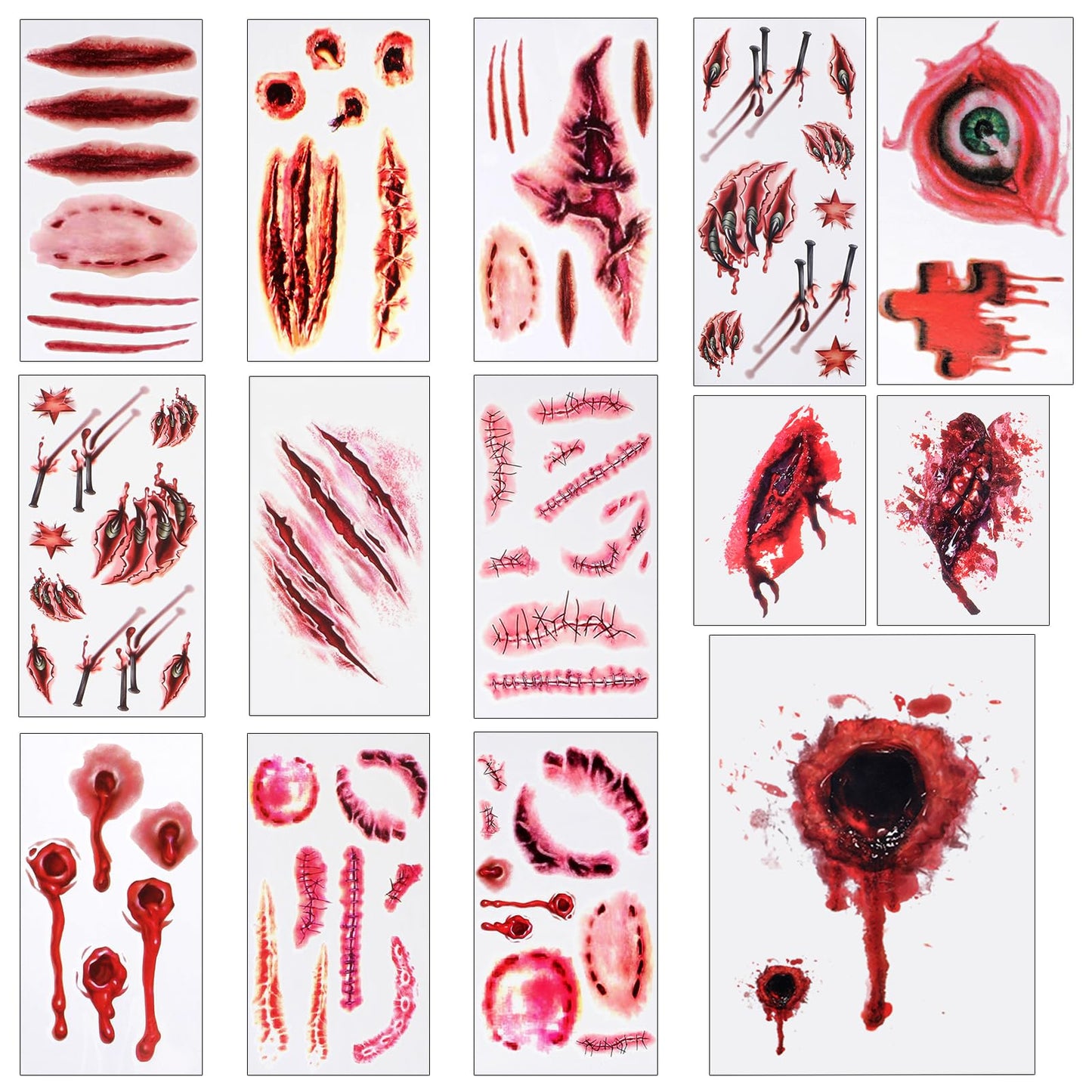 14Sheets Halloween Tattoo Stickers, Scar Temporary Bloody Wound Sticker, Waterproof Zombie Makeovers for Vampire Cosplay Masquerade Prank Makeup Decorations