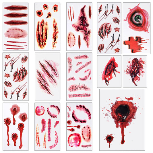 14Sheets Halloween Tattoo Stickers, Scar Temporary Bloody Wound Sticker, Waterproof Zombie Makeovers for Vampire Cosplay Masquerade Prank Makeup Decorations
