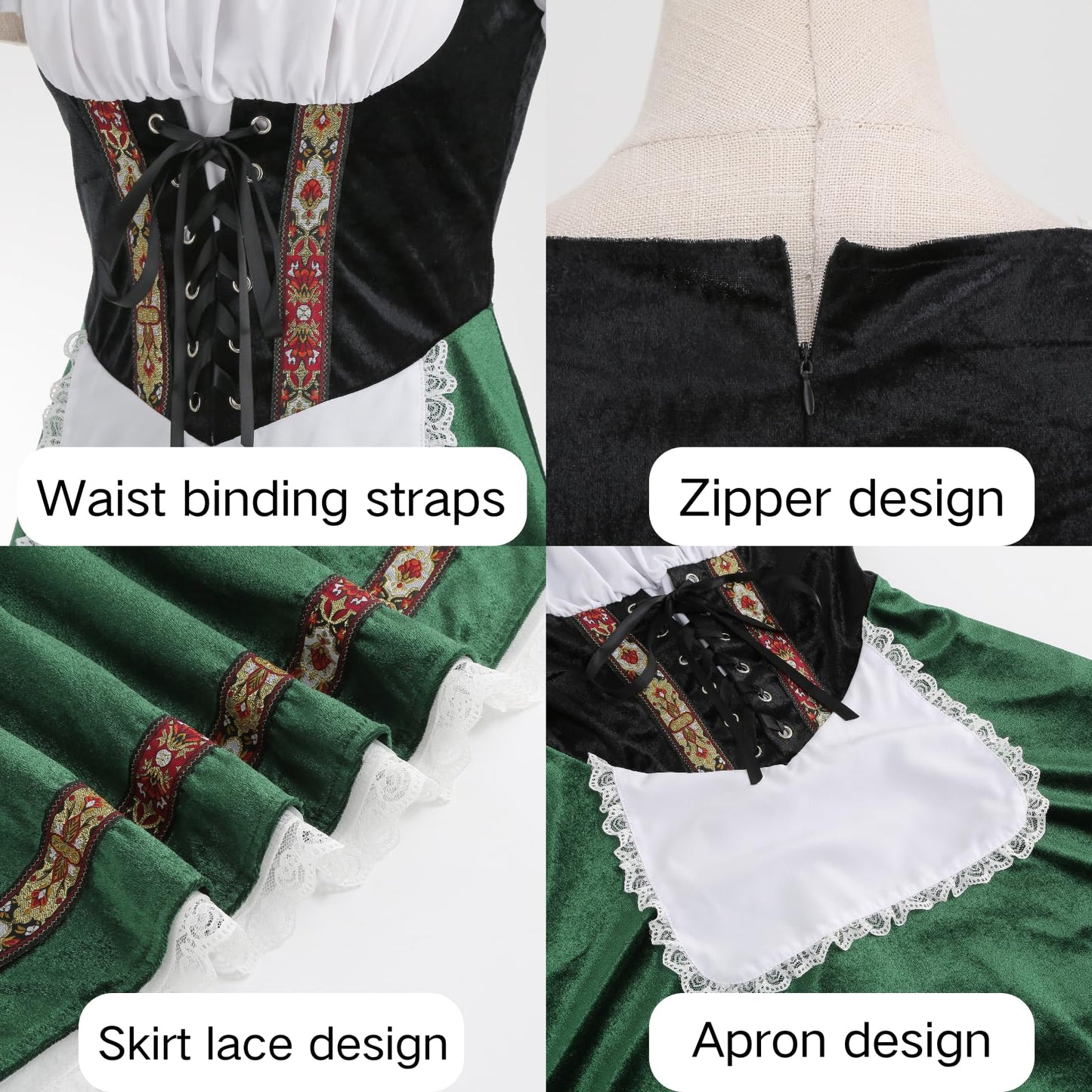 maxToonrain Oktoberfest Outfit Women Puff Sleeve Velvet Bavarian Beer Maid Dress with Foral Embroidery, Lace Trim, Apron & Choker for Halloween, Themed Parties & Beer Festivals (Olive Green, S)