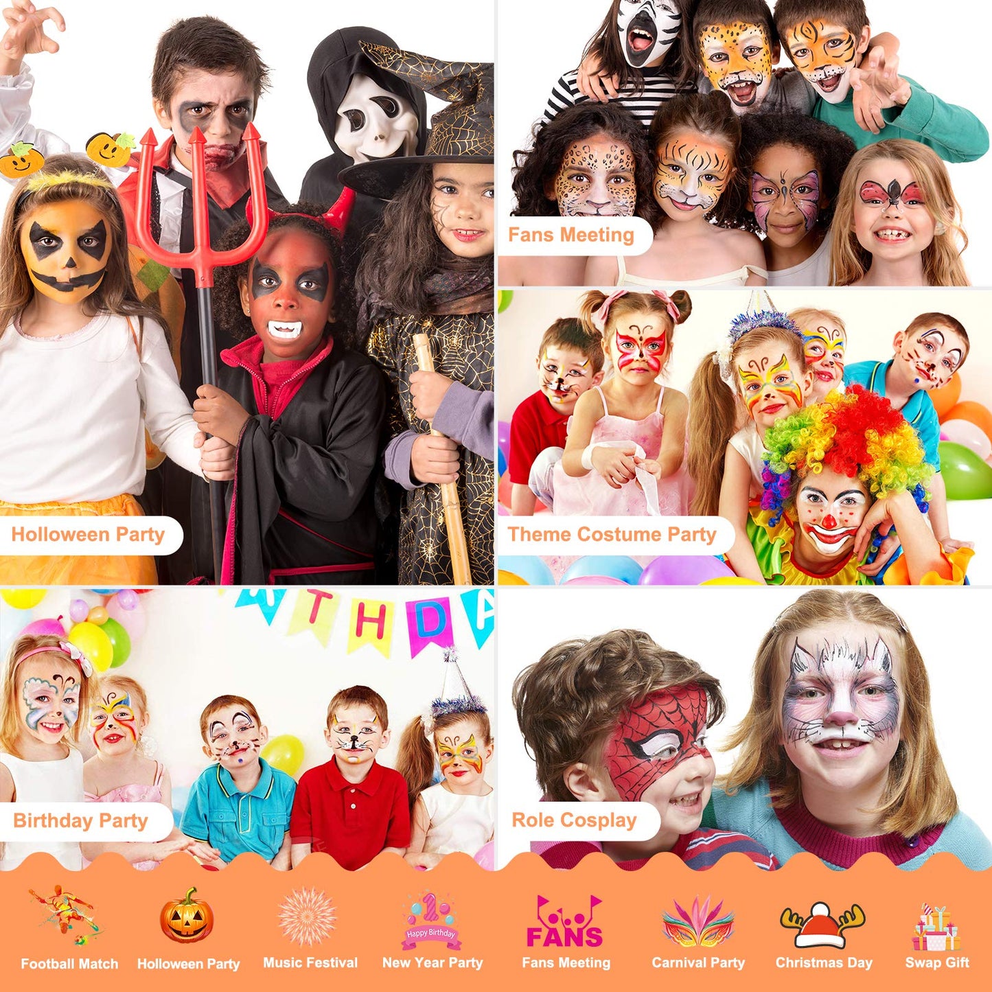 ENJSD Face Paint 14 PCS, Face Paint for Kids and Adults, Water Based Non-Toxic 10 Vivid Colors, 2 Brushes & Sponges, Easily Washable Safe Body Painting for Halloween Makeup and Cosplay