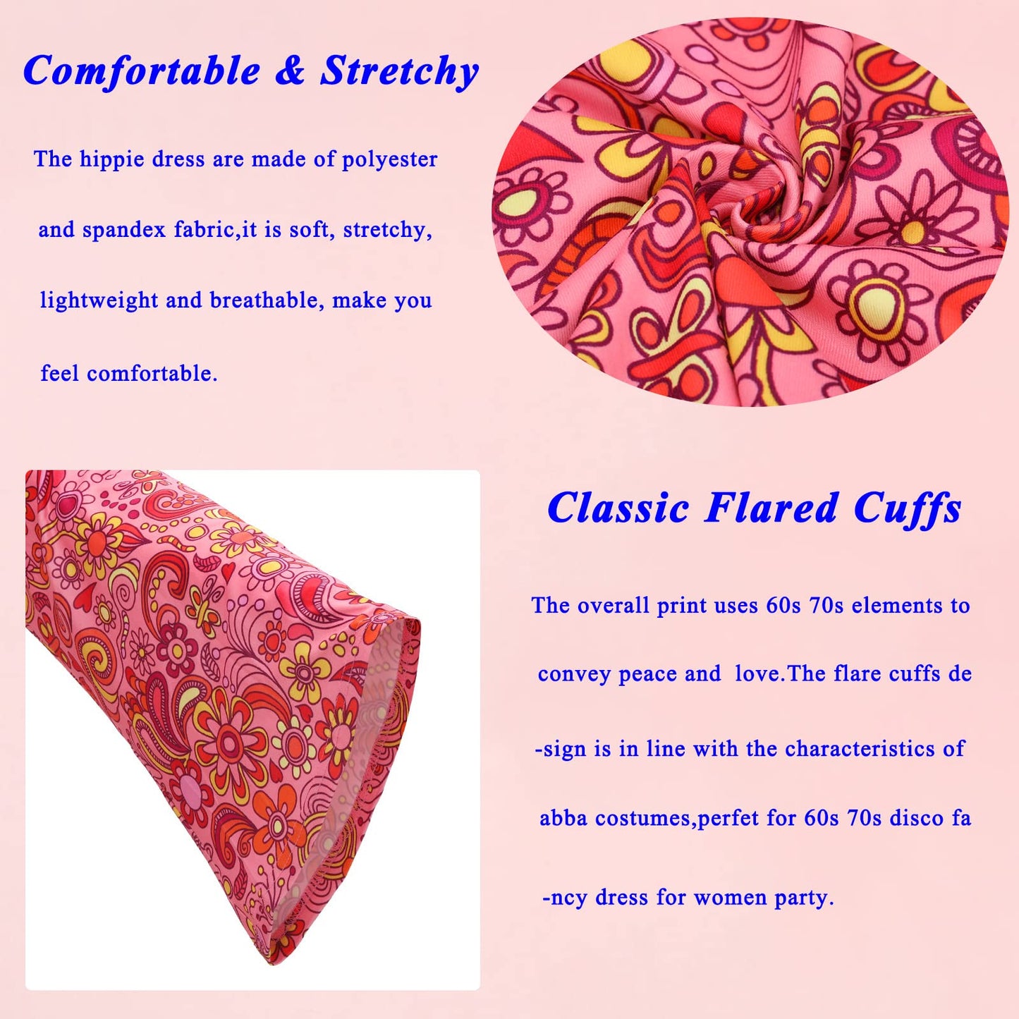 YADODO 60s 70s Fancy Dress Women Disco Hippie Costume with Accessories 1970s 1960s Hippie Fancy Dress Clothes for Women Adult70 Style Ladies Pink Flower Power Dress (XXL)