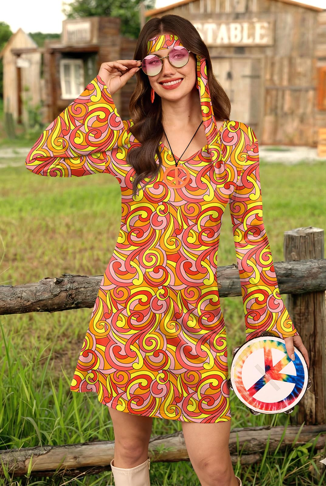 For G and PL Women's Summer Flare Sleeve 70s Hippy Fancy Costume Groovy Retro Dress Orange M