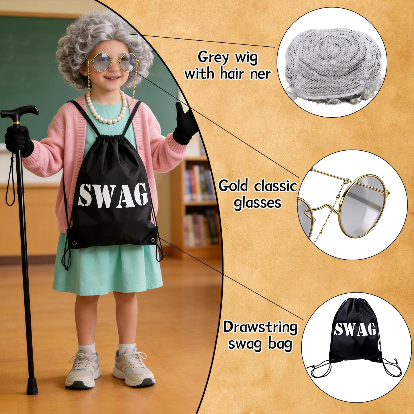 gyoyede Gangster Granny Costume Set,World Book Day Costumes for Teens 2026 - Grey Wig, Robber Eye Mask, Swag Bag, Pearl Necklace and Cane for Storybook WBD Fancy Dress Up Cosplay Party Accessories
