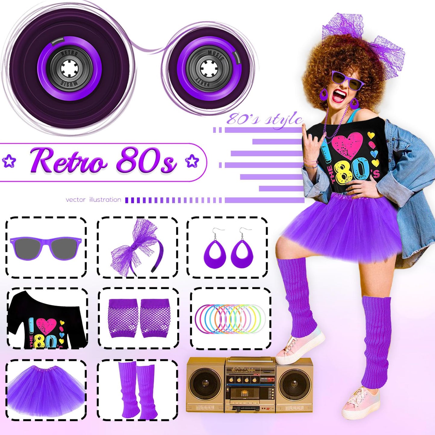 80s Costume Accessories Set for Women, 1980s Neon Party Kit with T-shirt Tutu Skirt Headband Earring Necklace Glasses Bracelet Fishnet Gloves Leg Warmers for 80s Retro Party Dress up (Purple, M)