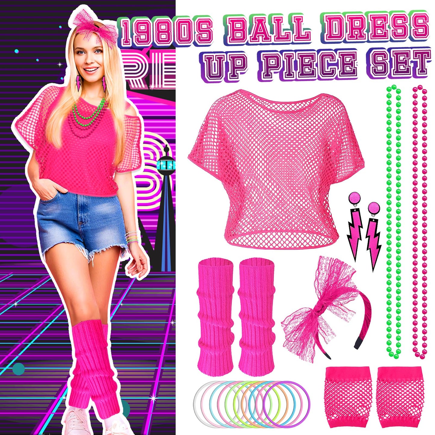 Shepinsky 80s Fancy Dress for Women,1980s Fancy Party Costumes Accessories Set,80s Outfits Neon Mesh T-Shirt,Leg Warmers Fishnet Gloves Headband Earrings Bracelets Necklaces for Retro Party Dress up