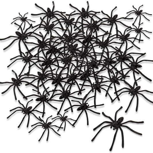 100-piece set of black plastic spiders with realistic curled legs for pranks