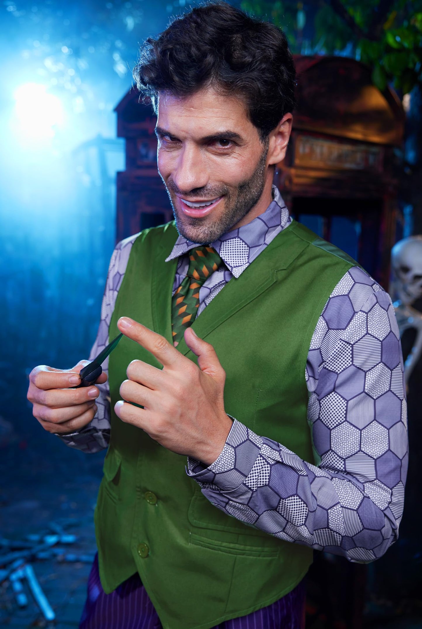 Mainfini Mens Joker Costumes Halloween Theme Party Funny Classic Dark Horror Knight Movie Cosplay Regular Fit Novelty Purper Graphic Shirt Green wasitcoat Tie Suit Outfit Adult 3 Piece Set M