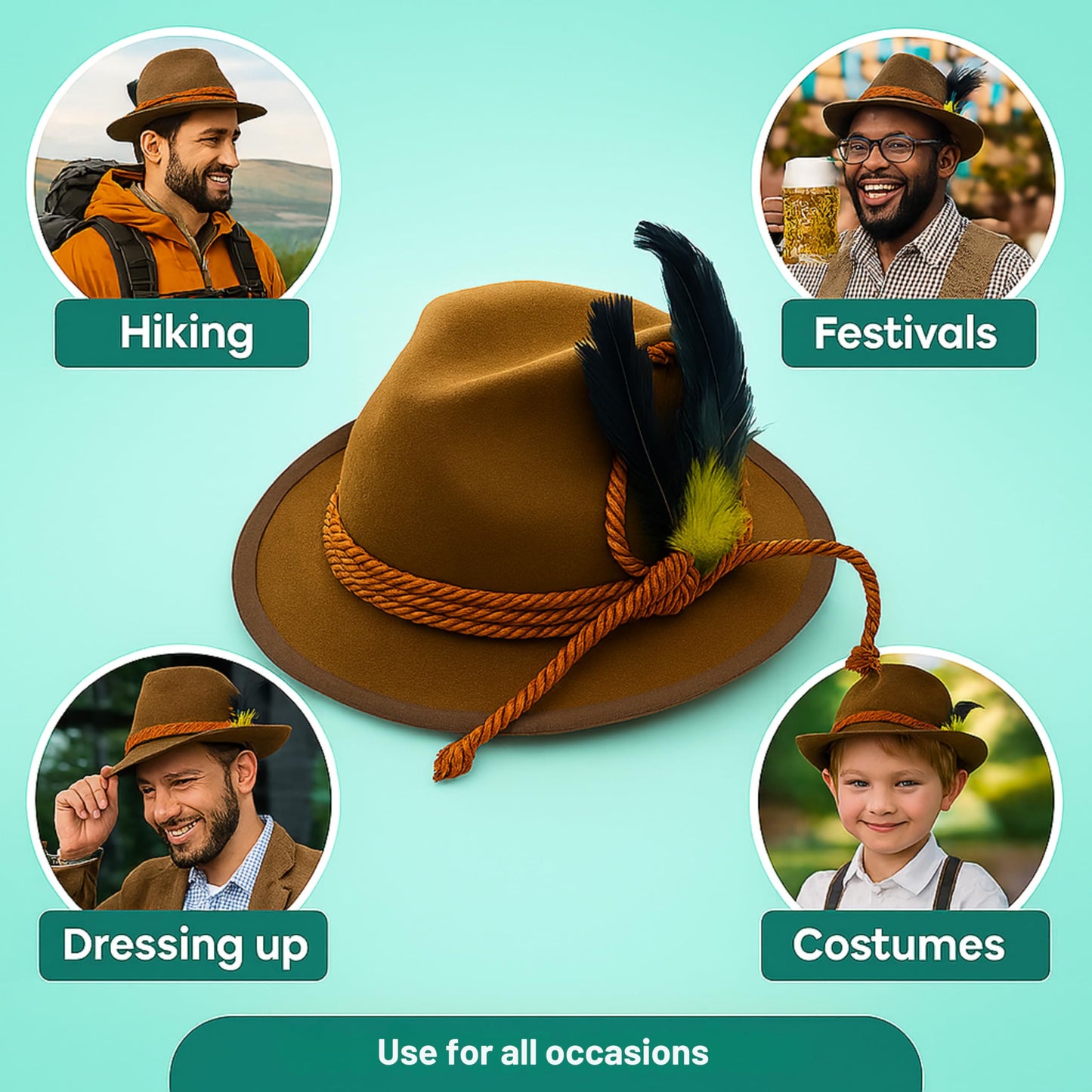 RKK Enterprise Limited Deluxe Oktoberfest Hat Brown German Alpine Fedora Bavarian Hat with Feather, One Size - Ideal for Fancy Dress Accessory, Oktoberfest, World Book Week Outfit