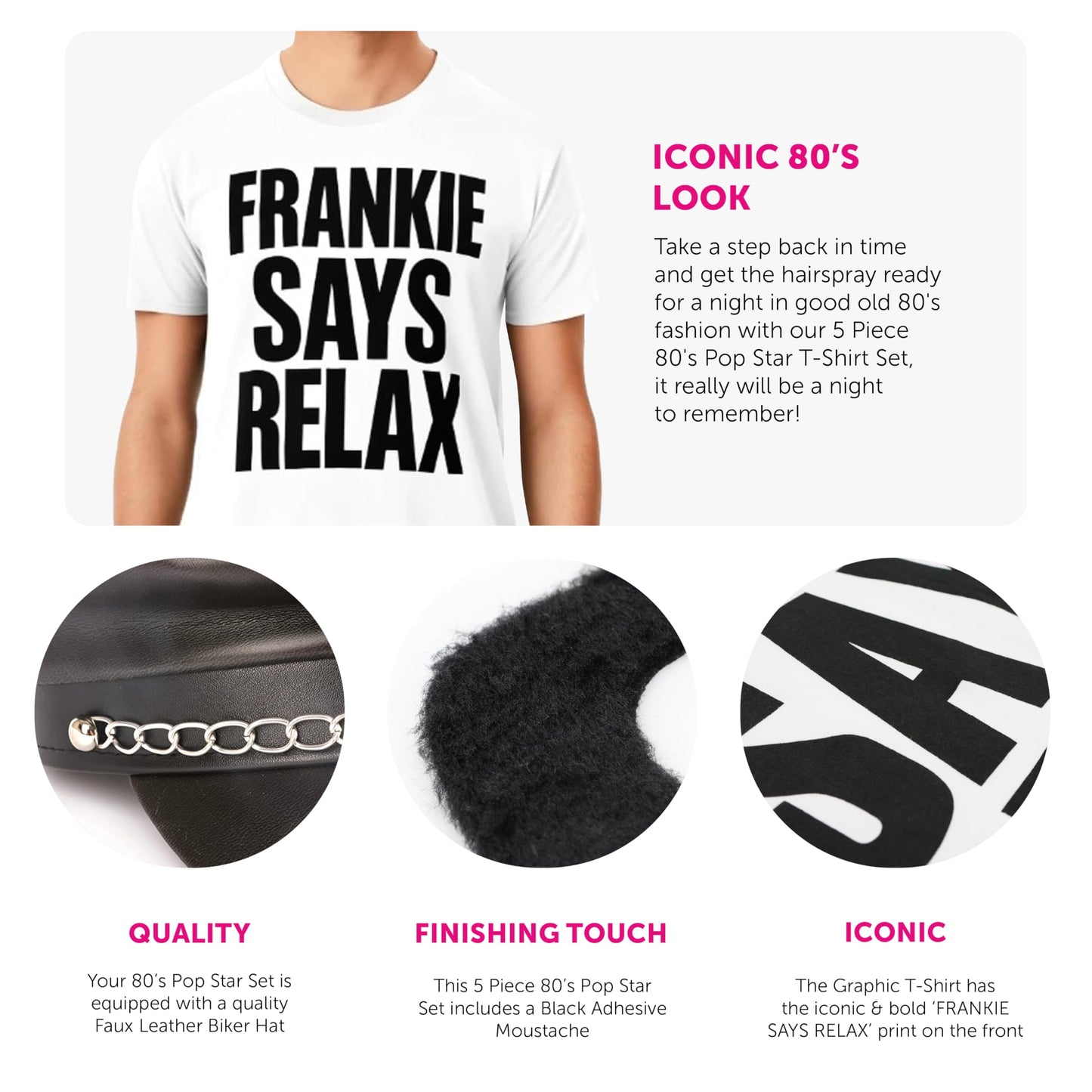 Adults 80s Pop Star Costume - X-Large - White Slogan T-Shirt, Leather-Look Biker Cap, Studded Gloves, Sunglasses, Black Moustache - Mens 1980s Music Icon Best of British Party Fancy Dress Costume