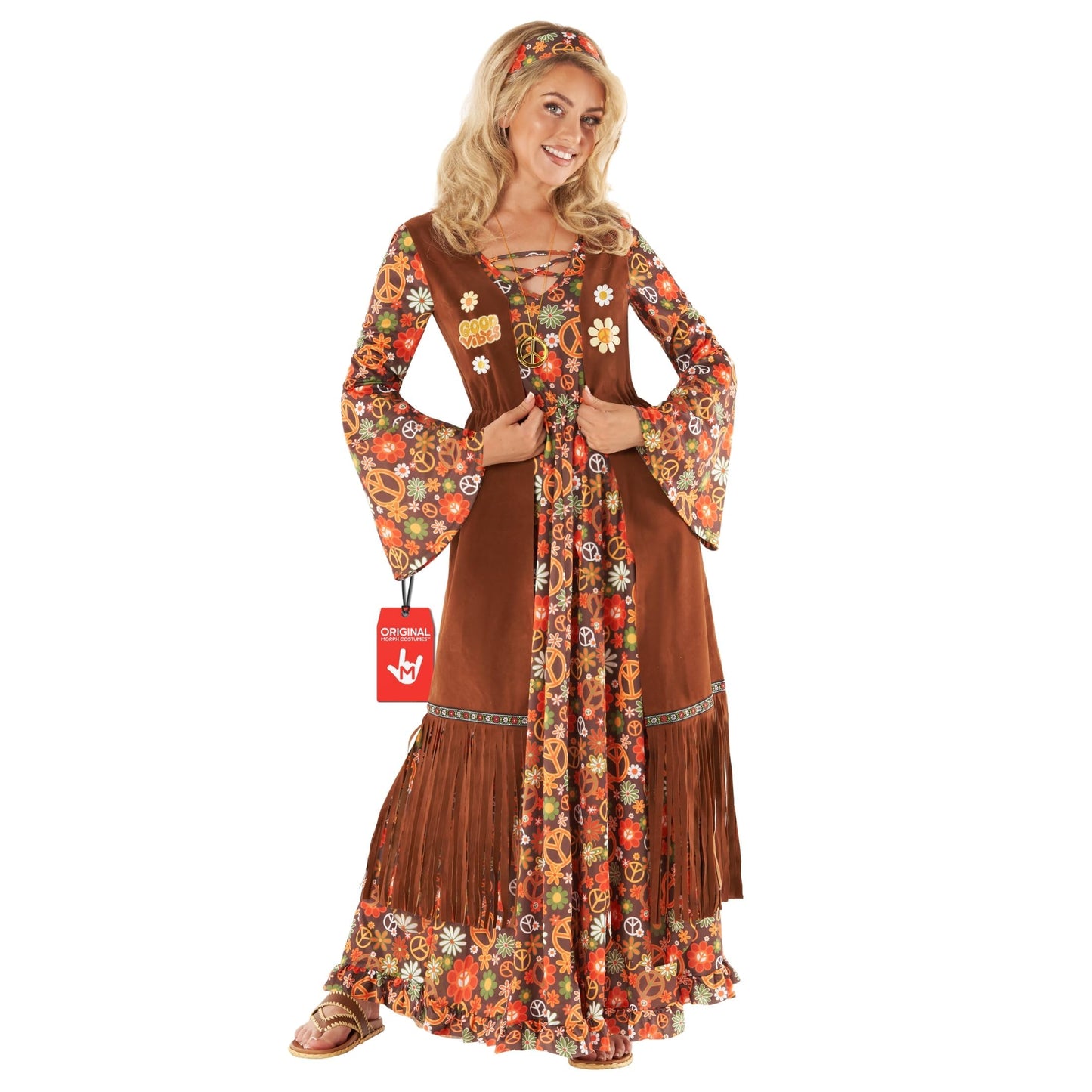 Morph Hippie Costume Women 70s Fancy Dress, 60s Outfits, Retro Halloween Costume, Vintage Party Attire for Women, Large