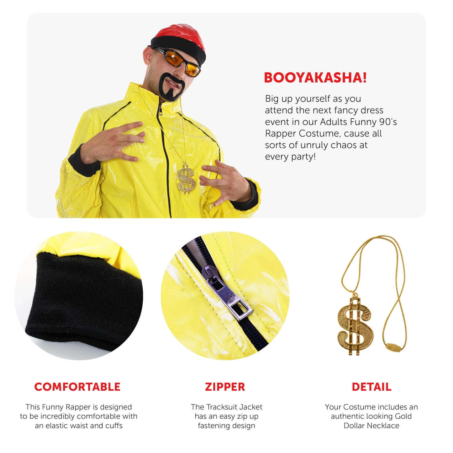Adults Yellow Rapper Costume - X-Large - Yellow and Black Shell Suit, Red Hat, Sunglasses, Dollar Sign Chain, Black Goatee - Adults TV Film Fancy Dress Costume