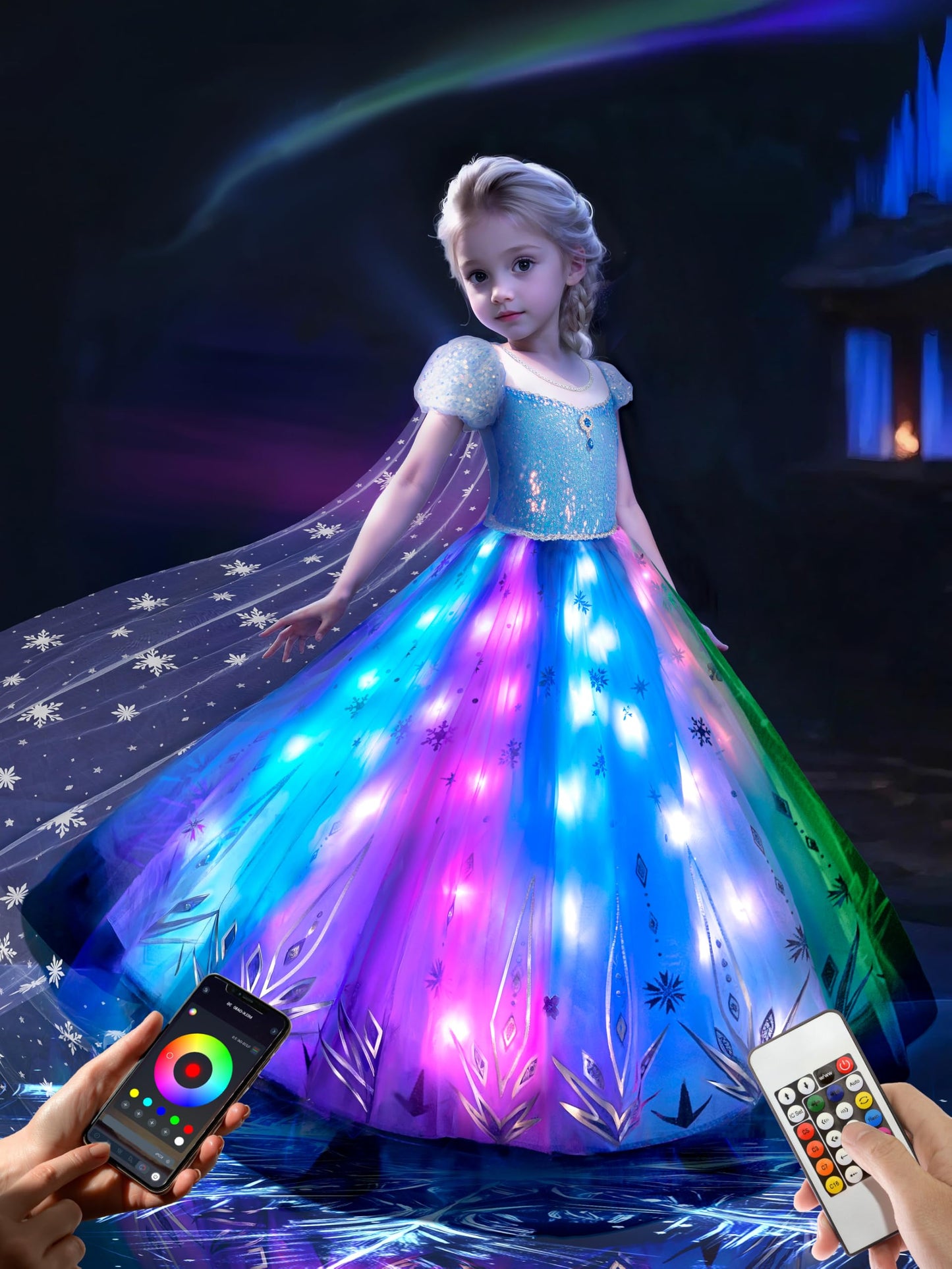 BLINGCOS Princess Costumes for Girls with RGB LED Lights, Princess Dress Up Clothes Music Sync & App Control, Girls Dress Up for Halloween, Christmas, World Book Day, 110