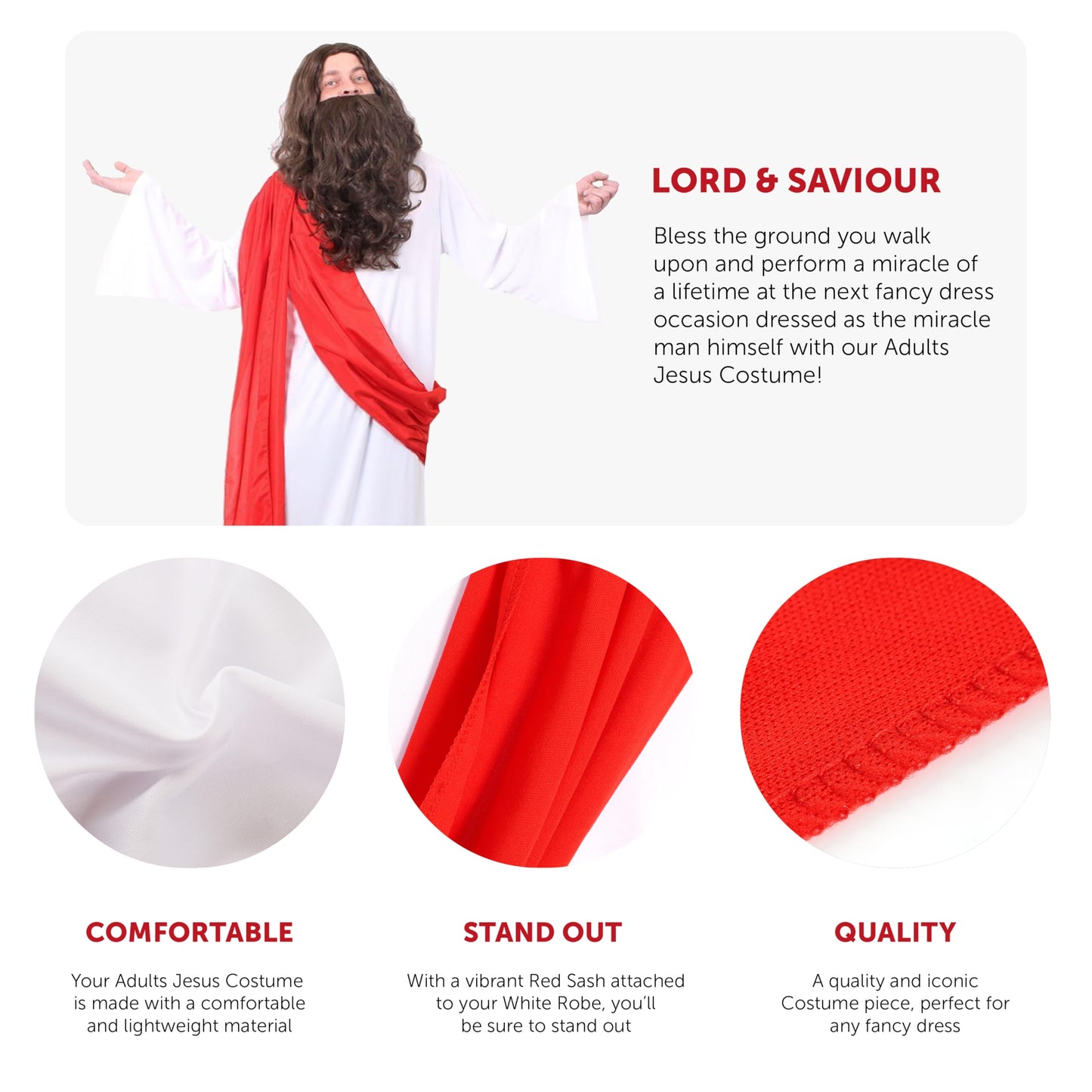 Jesus Christ Costume - X-Large - White Robe with Red Sash with Wig and Beard, Gold Cross and Crown of Thorns - Mens Funny Fancy Dress Party Costume